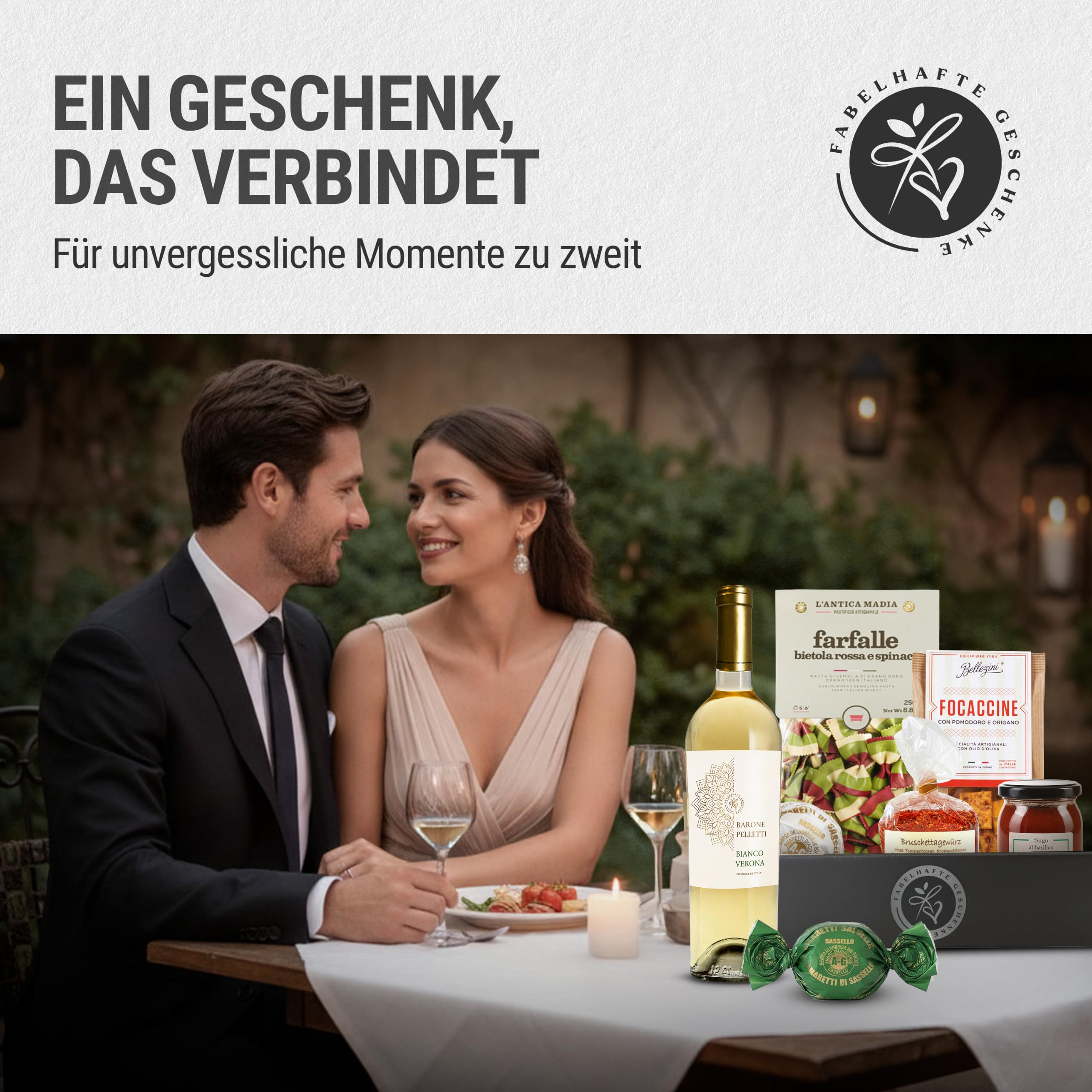 Präsentkorb Italia mit Weißwein und italienischen Spezialitäten | Pasta, Sugo, Focaccine, Gewürzmischung, Amaretti | für Männer & Frauen | mit Banderole " Herzlichen Glückwunsch"