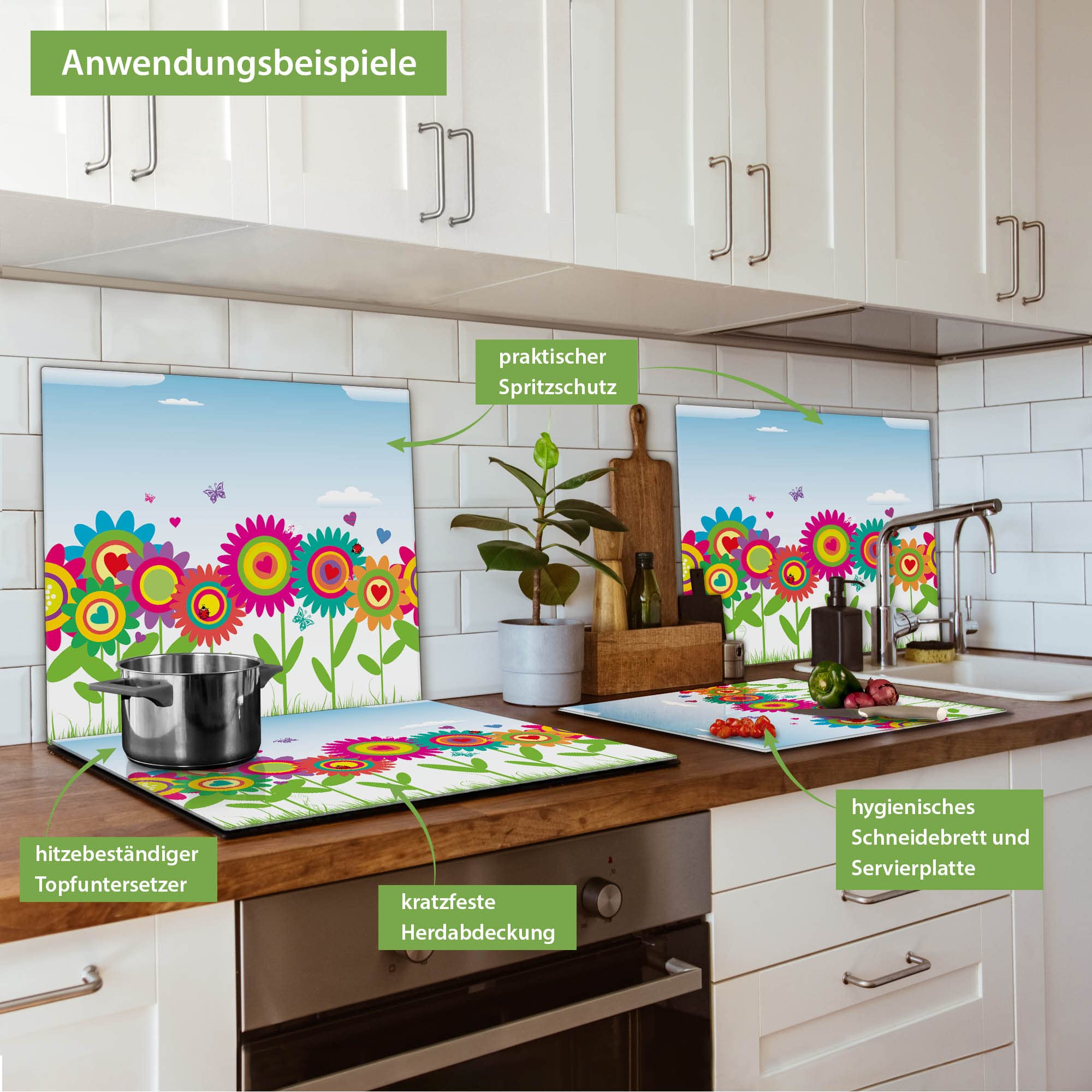 banjado Kochfeldabdeckung Glas mit Blumen und Pflanzen Design frisch 60x52 cm einteilig, hitzebeständige Herdabdeckplatte mit Gumminoppen, Schneidebrett für Küche und Ceranfeld, mit Motiv Bunte Blumen