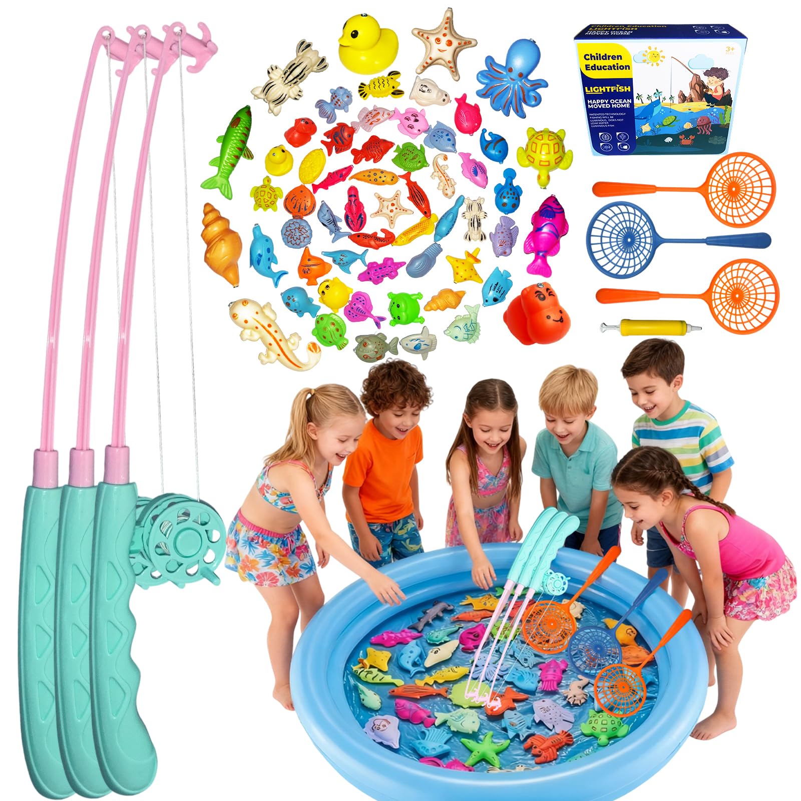 58PCS With Pool Kids Fishing Toy Set with Inflatable Pool, Magnetic Fish Toys, 3 Rods & Nets, Water Bath Toys, Educational Sensory Games for Boys Girls Age 3-12, Stocking Fillers