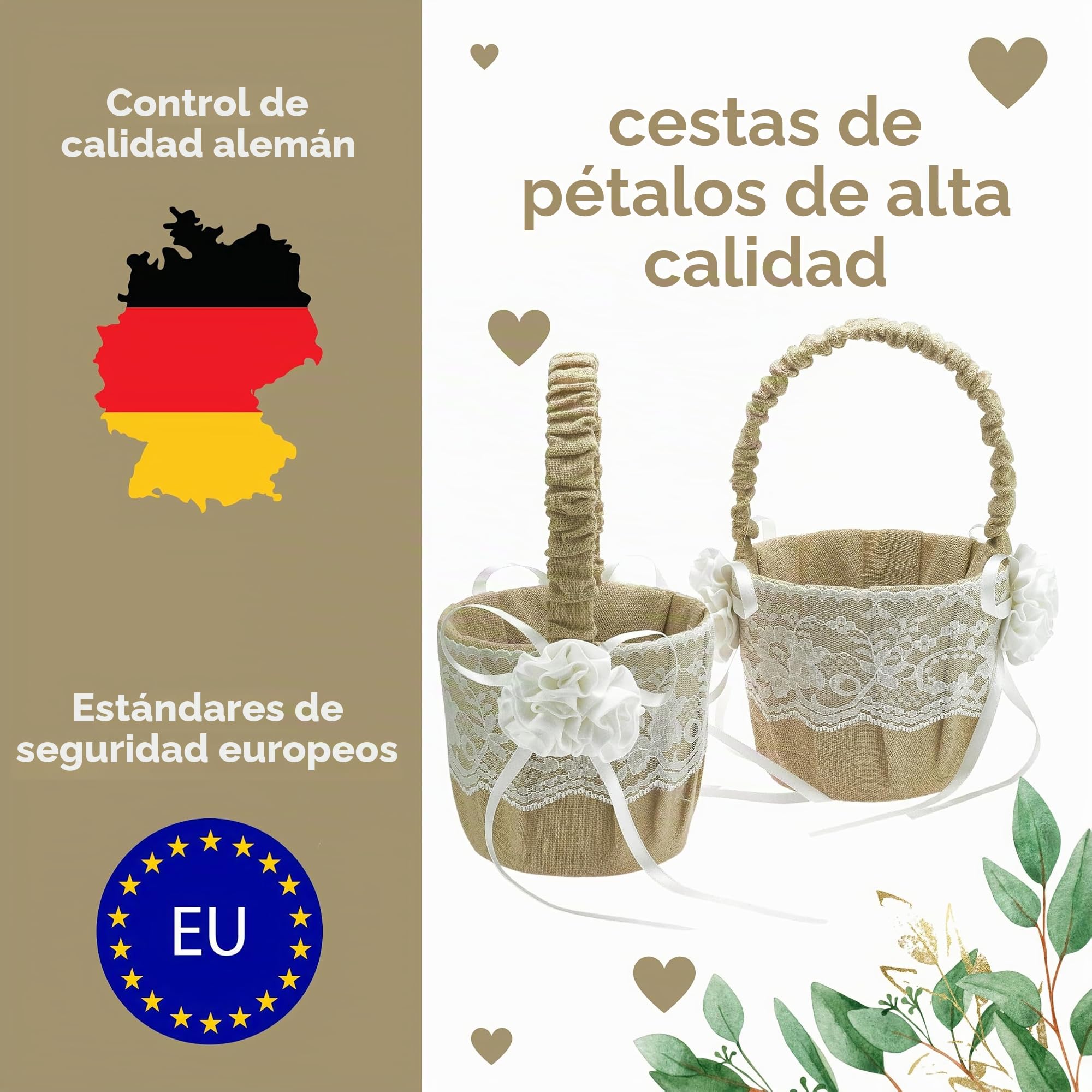 EinsSein Set 2 Cestas de Flores Boda Flor de Yute 17x26x13 cm | Cestas de Mimbre Naturales para Arras Alianzas y Decoración | Porta Anillos Cestitas Regalo Cesto Rústico Boda