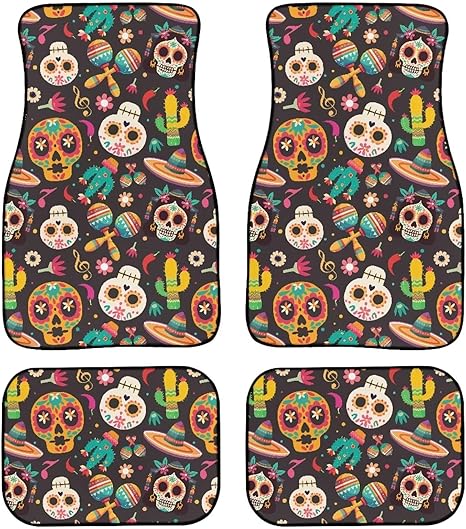 Mexican Sugar Skull Print Non-Slip Car Mats Set Colorful Skeleton Floral Pattern Carpet Vehicle Floor Mats Car Decor Accessories Front & 2nd Row Floor Mats for Driver Seat