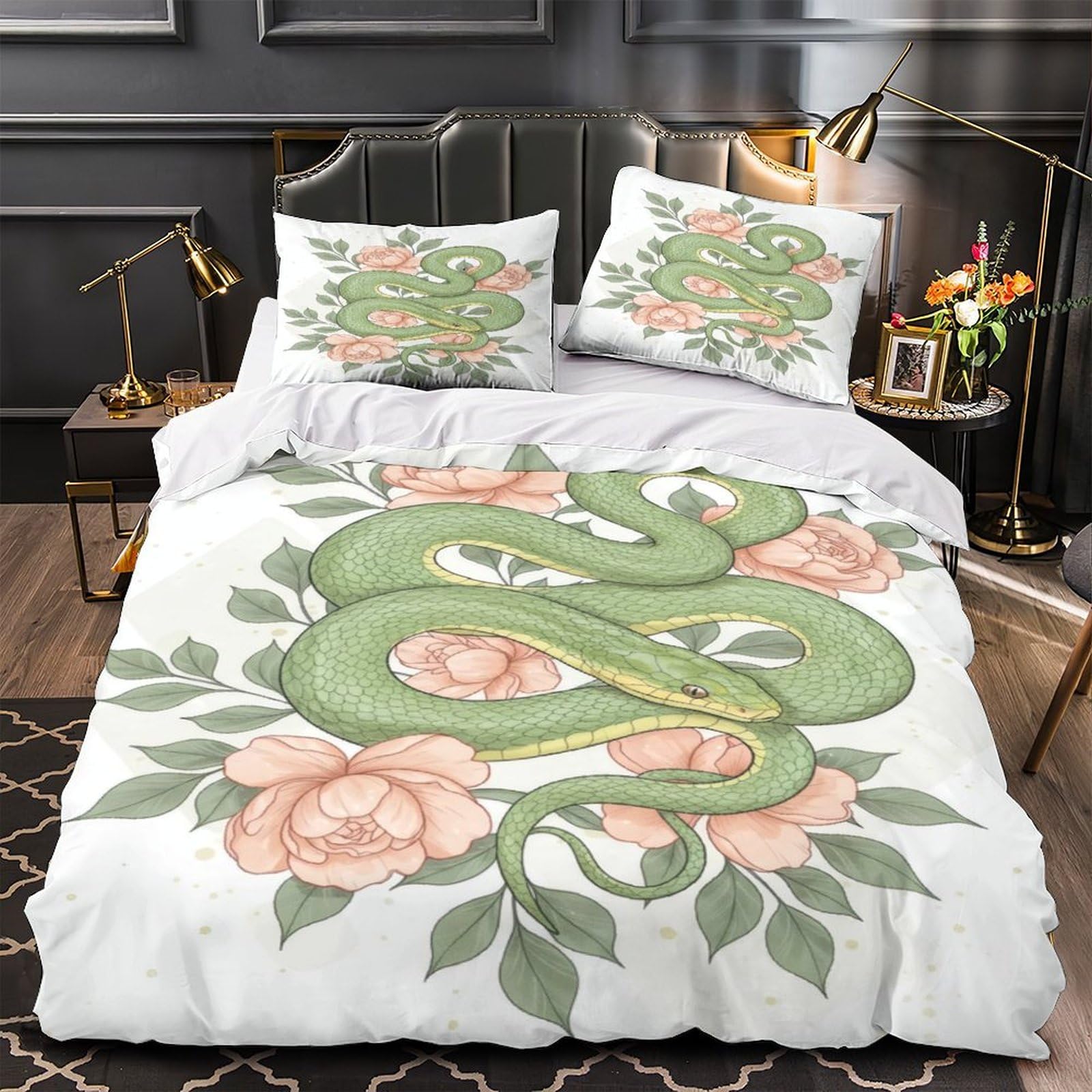 Housse de couette serpent vert hypoallergique en microfibre douce pour peau sensible