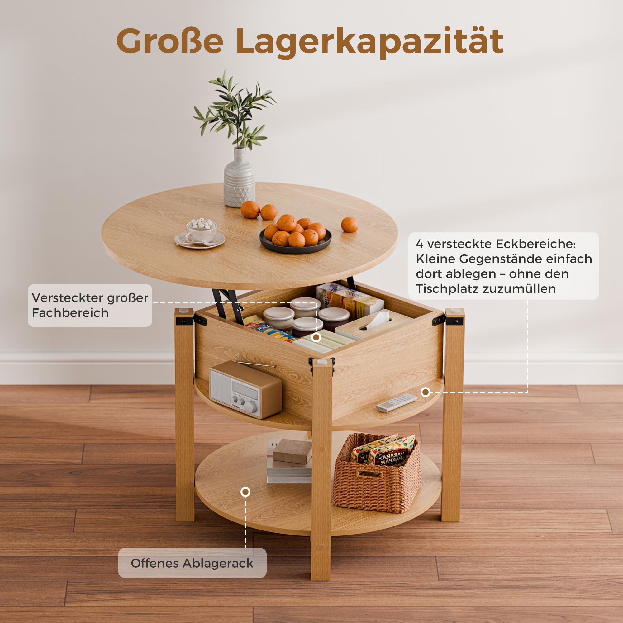 ELUCHANG Couchtisch Rund mit Hebeplatte, Couchtisch Höhenverstellbarer 2 in 1, Beistelltisch Wohnzimmertisch mit Verstecktem Ablagefach Stauraum, Offenem Fach, für Wohnzimmer/Büro, 60x60cm, Eiche