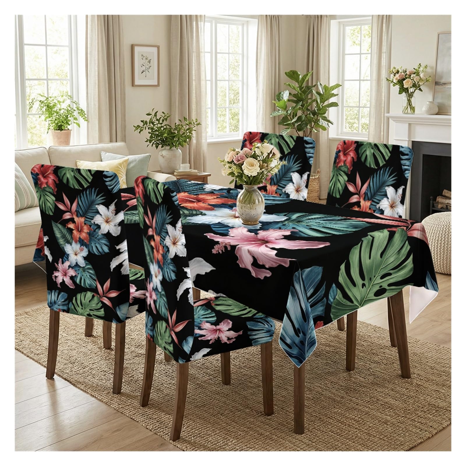 KXUAUV Stretch Dining Chair Slipcovers And Tablecloth Set, Black Background Tropical Leaf Floral Print, 5/7 Pack For Dining Room Kitchen Home Decor Party Decor(5pcs Set: Tablecloth+Chair Covers)
