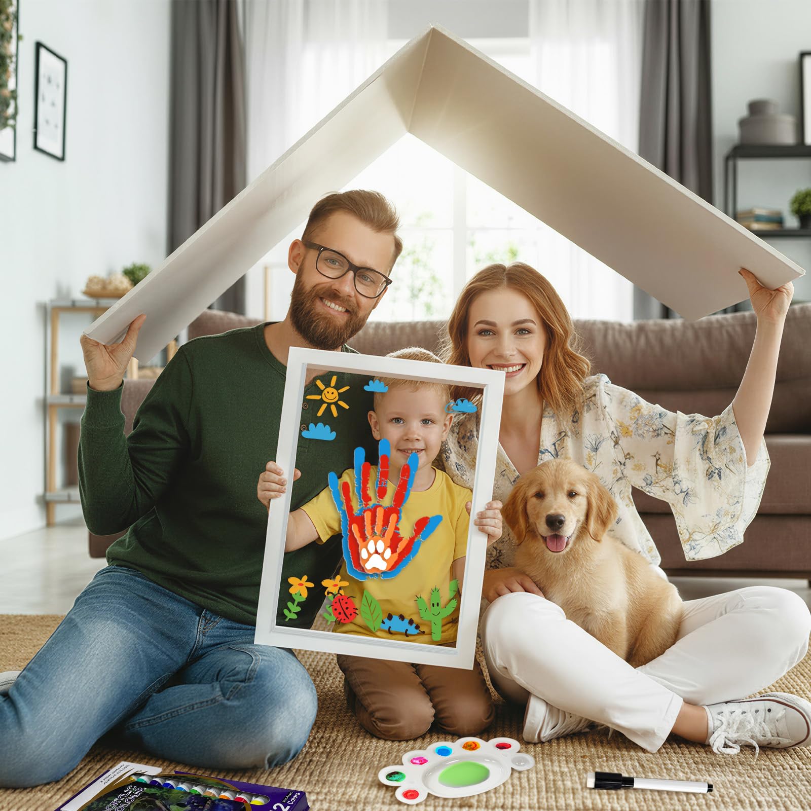 Handabdruck Set Familie für 4 Personen mit 12 Acrylfarbe, DIY Baby Handabdruck und Fußabdruck Set mit Sticker Blumen, Geschenke für Werdende Väter Mütter Baby Shower Taufe