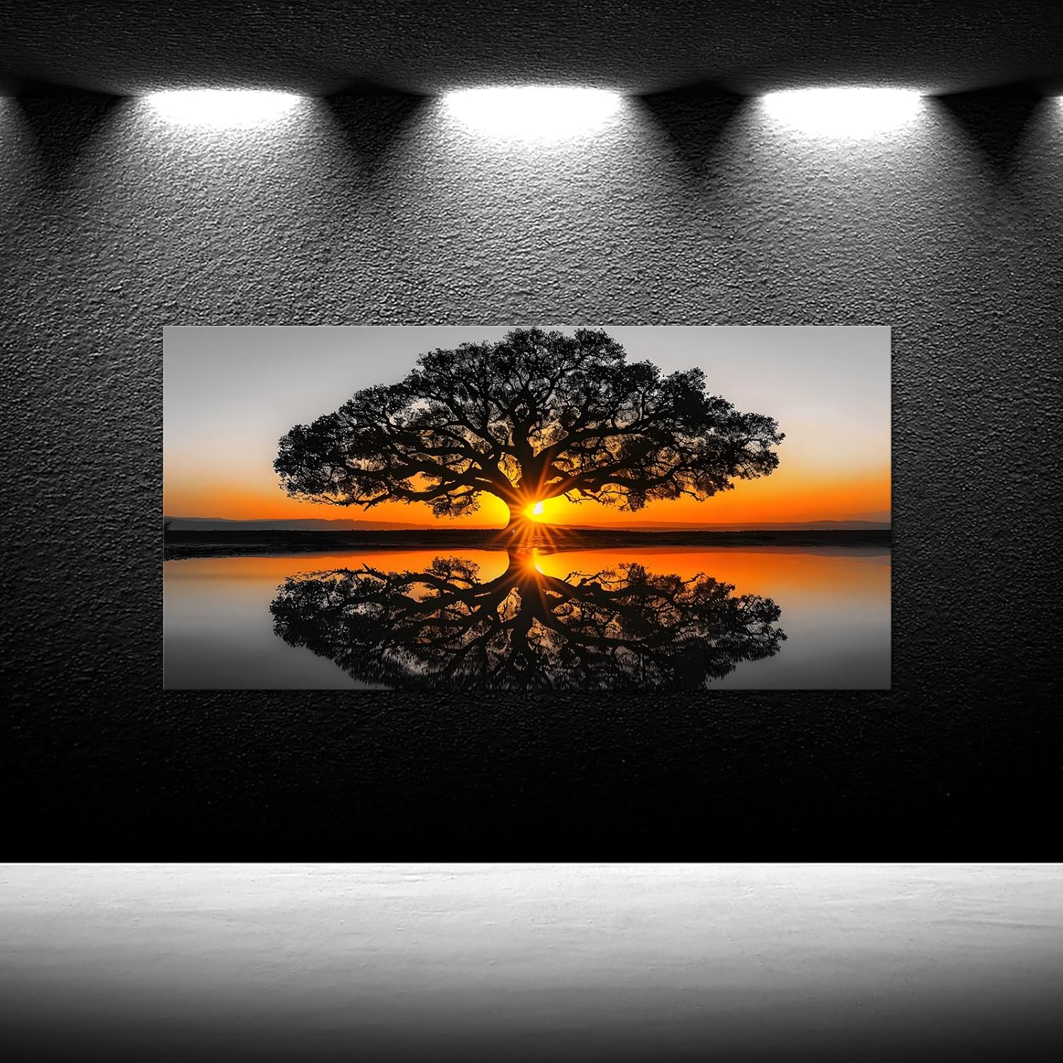 iKNOW FOTO Black and White Oak Tree Canvas Wall Art - 20x40'' Natural Landscape Sunset Reflections, Gallery Wrapped Tree Painting for Living Room Home Decor, Ready to Hang Wall Décor - Image 2