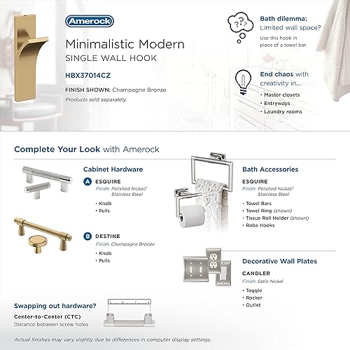 Miniatura 6 de Amerock HBX37014CZ  Apex Gancho decorativo de pared de una sola punta  Gancho de bronce champán para abrigos, sombreros, mochilas, bolsas  Ganchos