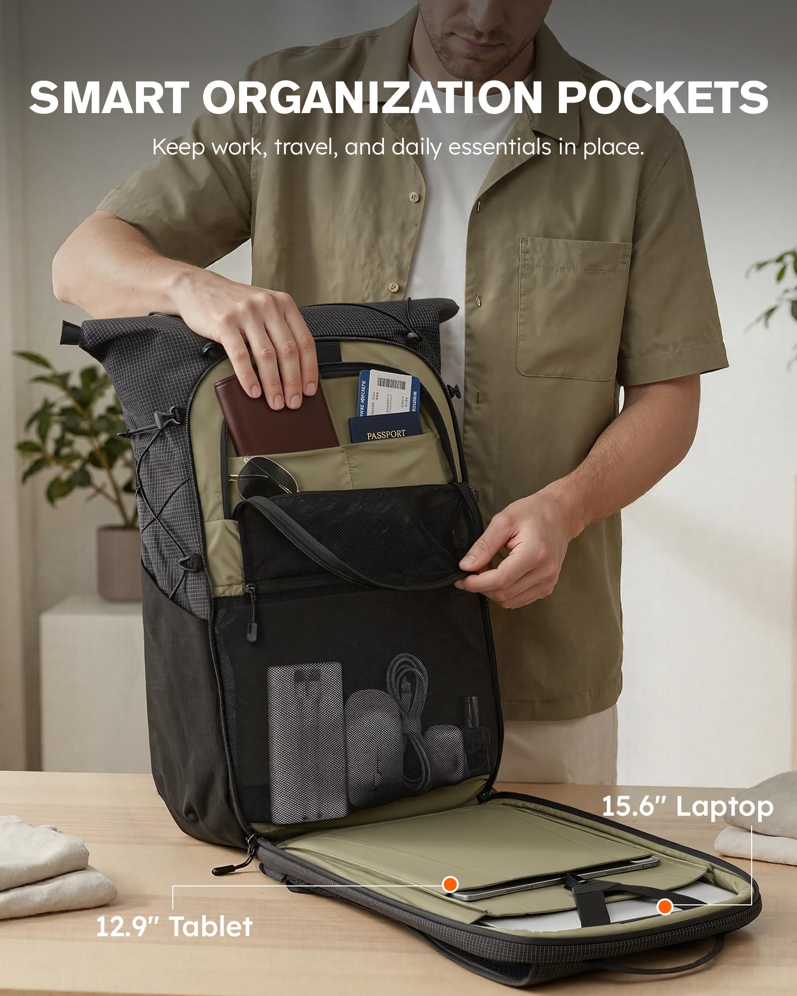 Tolaccea Rolltop Rucksack 32L Reiserucksack Handgepäck Rucksack für 16 zoll | Erweiterbar 32-40L | Leichtes Ripstop-Nylon | 180°-Laptopfach bis 16" mit EVA-Schutz | YKK-Reißverschluss | Magnetverschluss