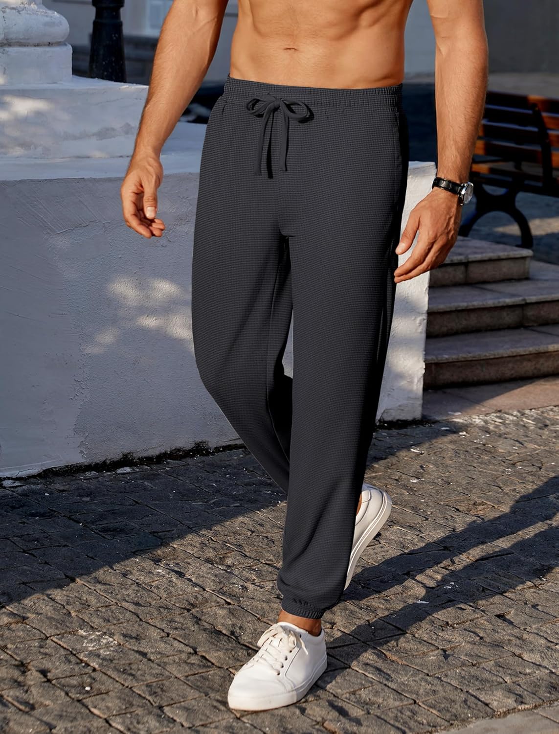 COOFANDY Men's Waffle Jogger Lightweight Drawstring Casual Pants Slim Fit Jogger Sweatpants with Pockets - Image 2