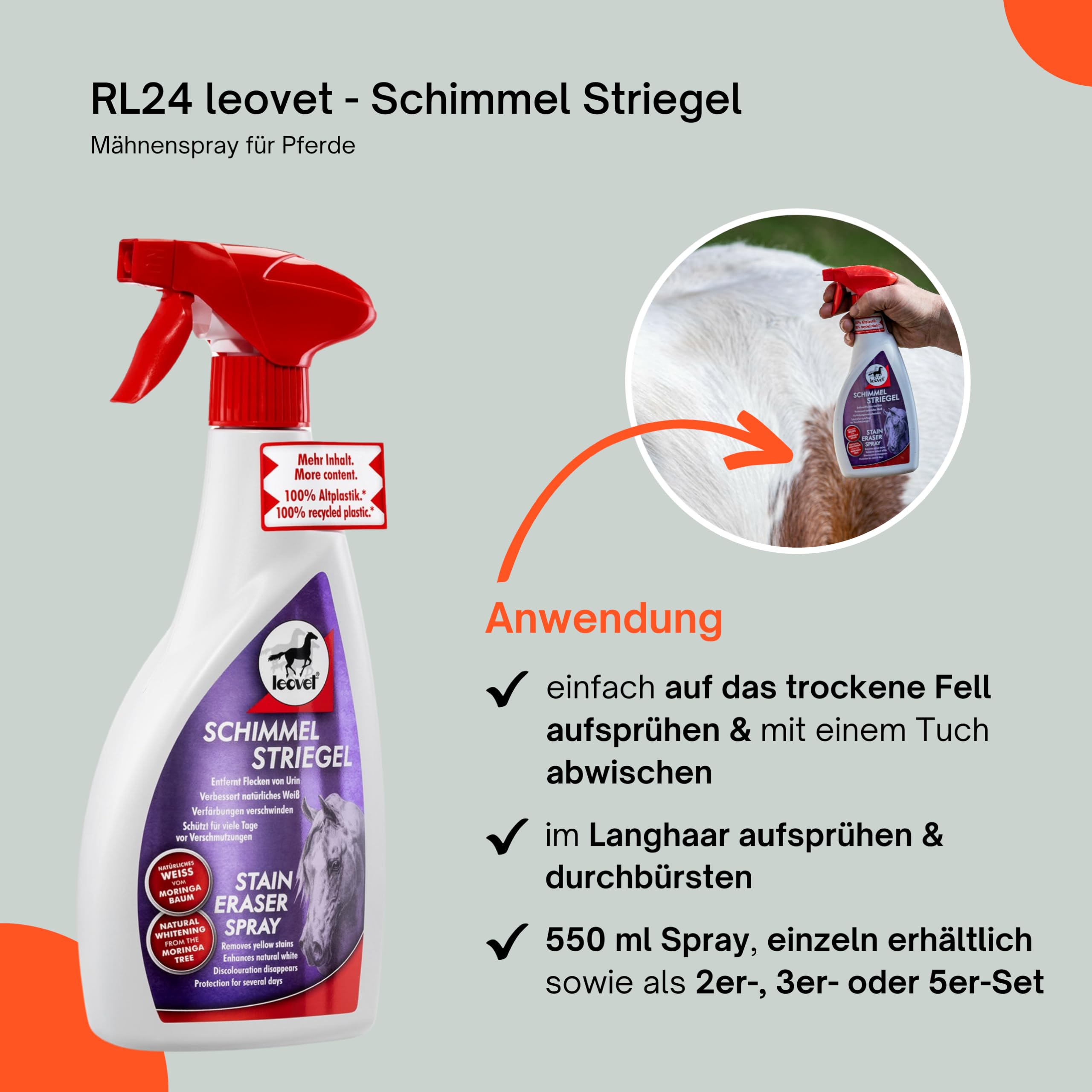 RL24 leovet - Schimmel Striegel | Mähnenspray für Pferde | entfernt Flecken & Verfärbungen | Schweifspray für brillanten Weißeffekt | stark rückfettende Fellpflege | 5 x 550 ml Spray (5er Set)