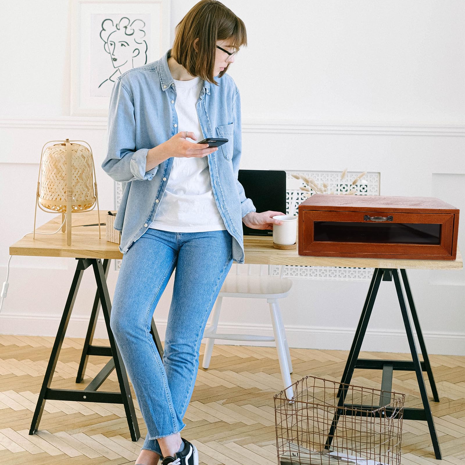 Ipetboom Organizer da Scrivania Cassetto Portaoggetti e Supporto per Monitor in Legno e Vetro Stile Retrò Marrone, per Ufficio e Decorazione Desktop