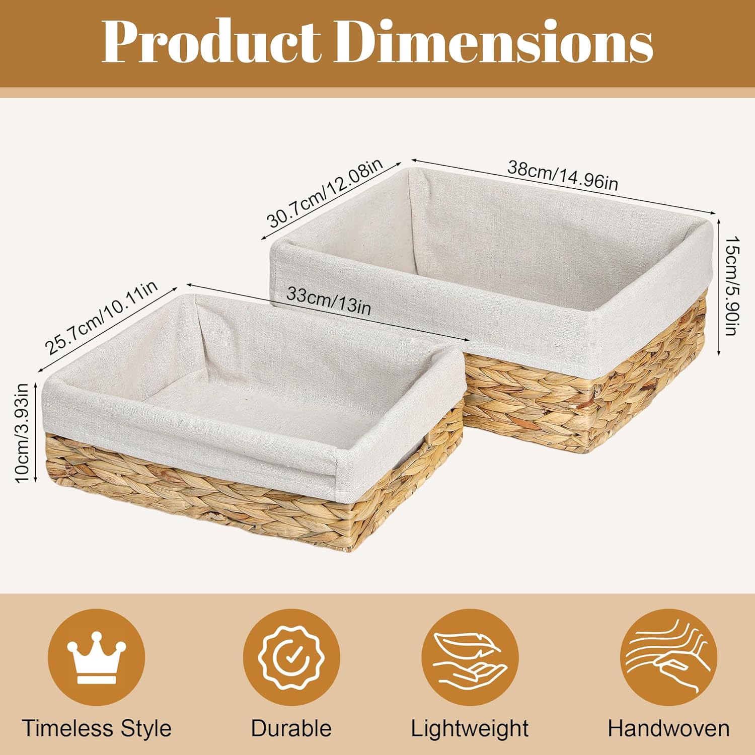 Set of 2 Natural Water Hyacinth Woven Baskets, Rectangular Organizer with Washable Liner for Pantry Shelves