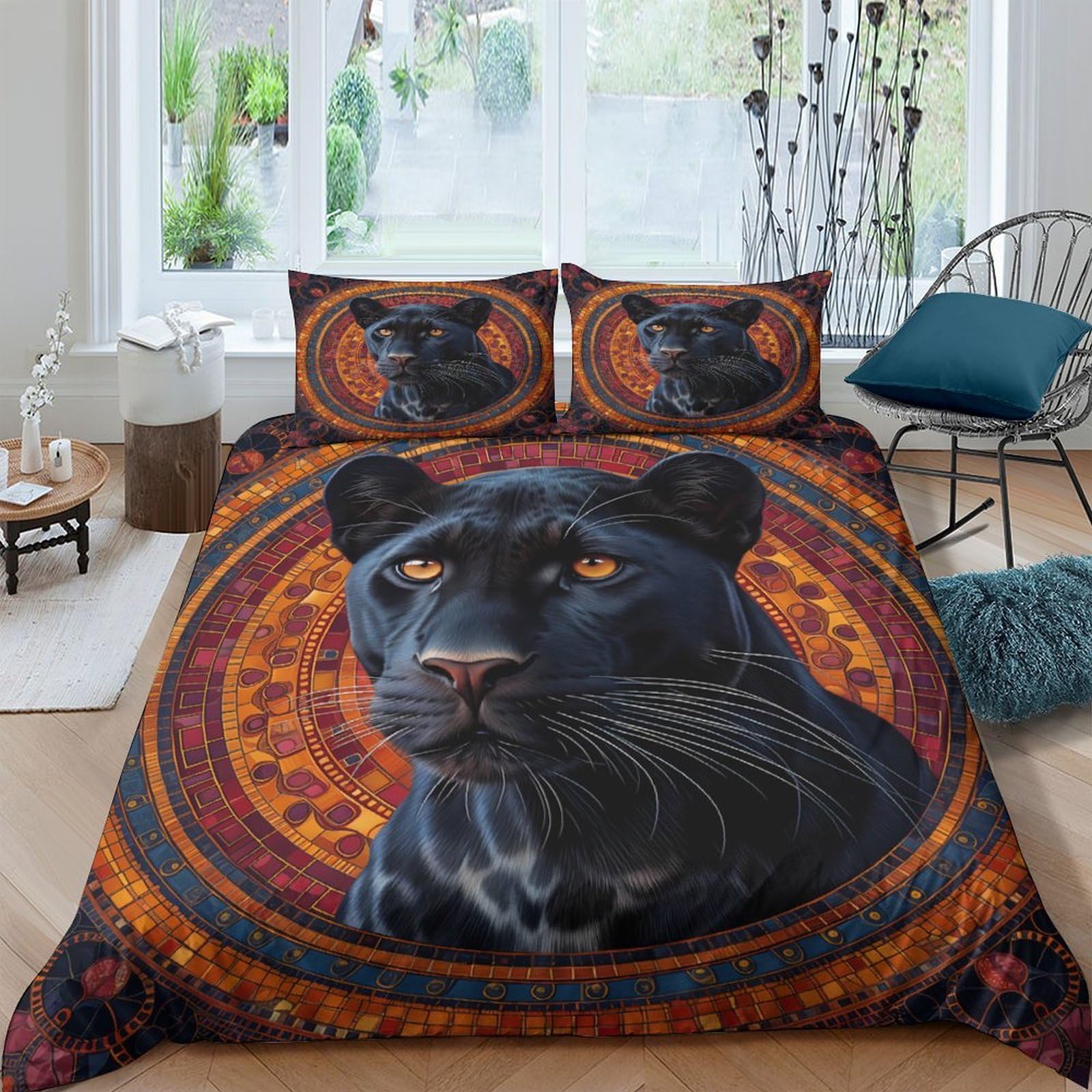 GPLZQXKJNH 3D Printed Black Panther Mandala Duvet Cover Microfiber Soft Breathable Jungle Bedding Set with 2 Pillowcases for Bedroom Decor Single（135x200cm）