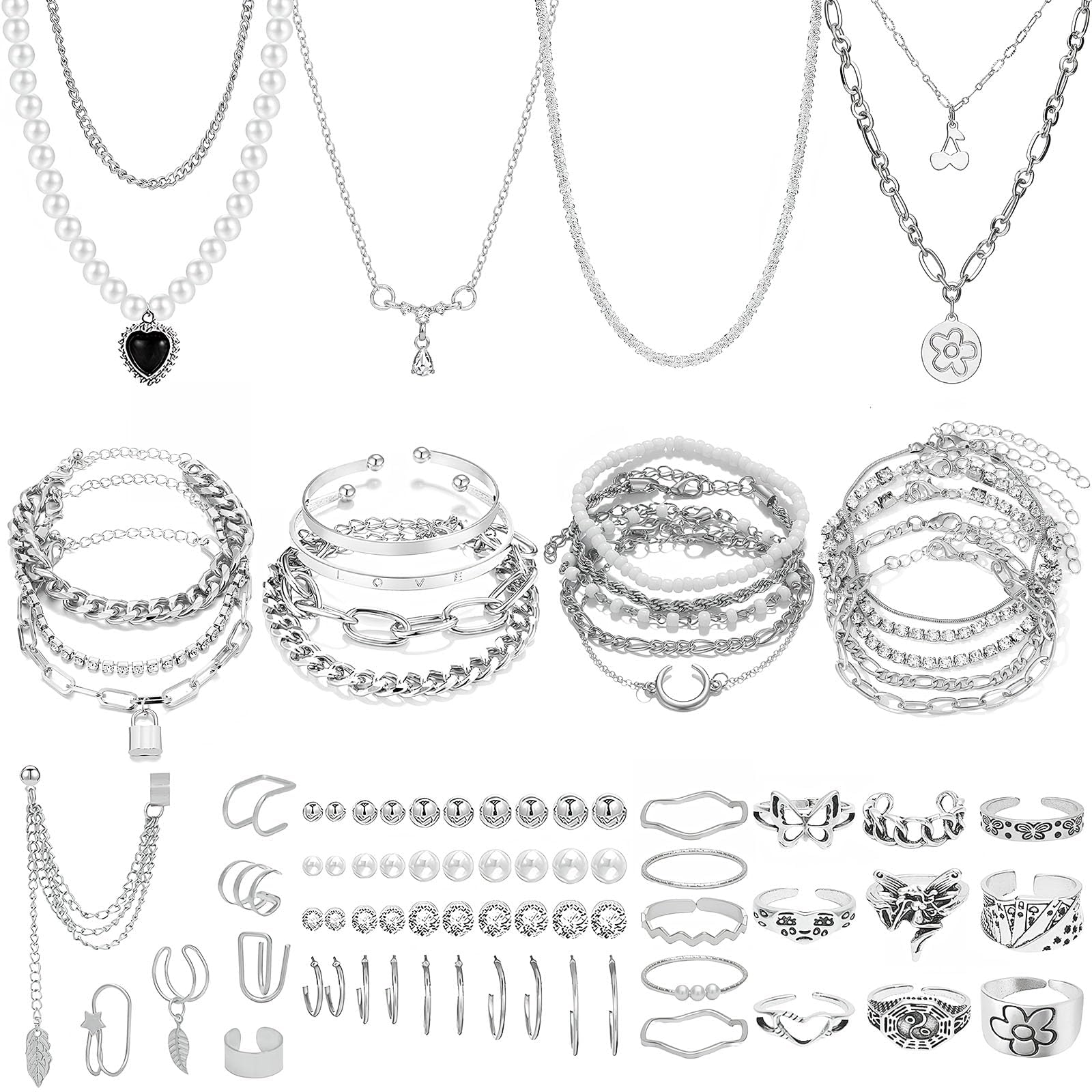NEWITIN 45 Pieces Silver Jewelry Set for Women Party Costume Punk Jewelry Set Goth Grunge Y2k Accessories Vintage Gothic Necklaces Bracelets Earrings Rings for Women Men