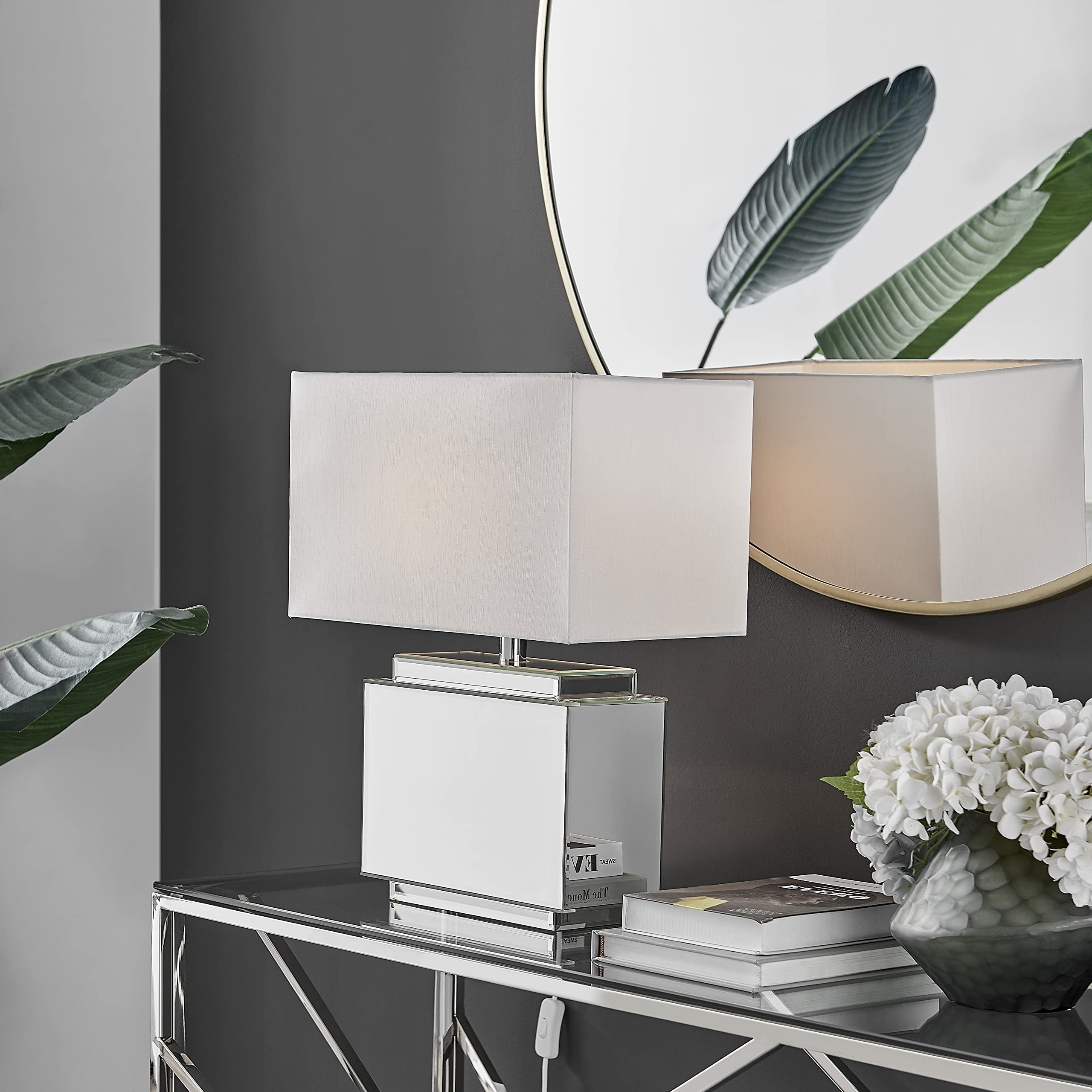 Furniturebox UK Lighting - Saanvi Table Desk Lamp Light (Including Bulb) - Mirrored Statement Base with Oversized White Rectangular Fabric Lampshade - Glam Elegant Modern Retro Statement Lamp