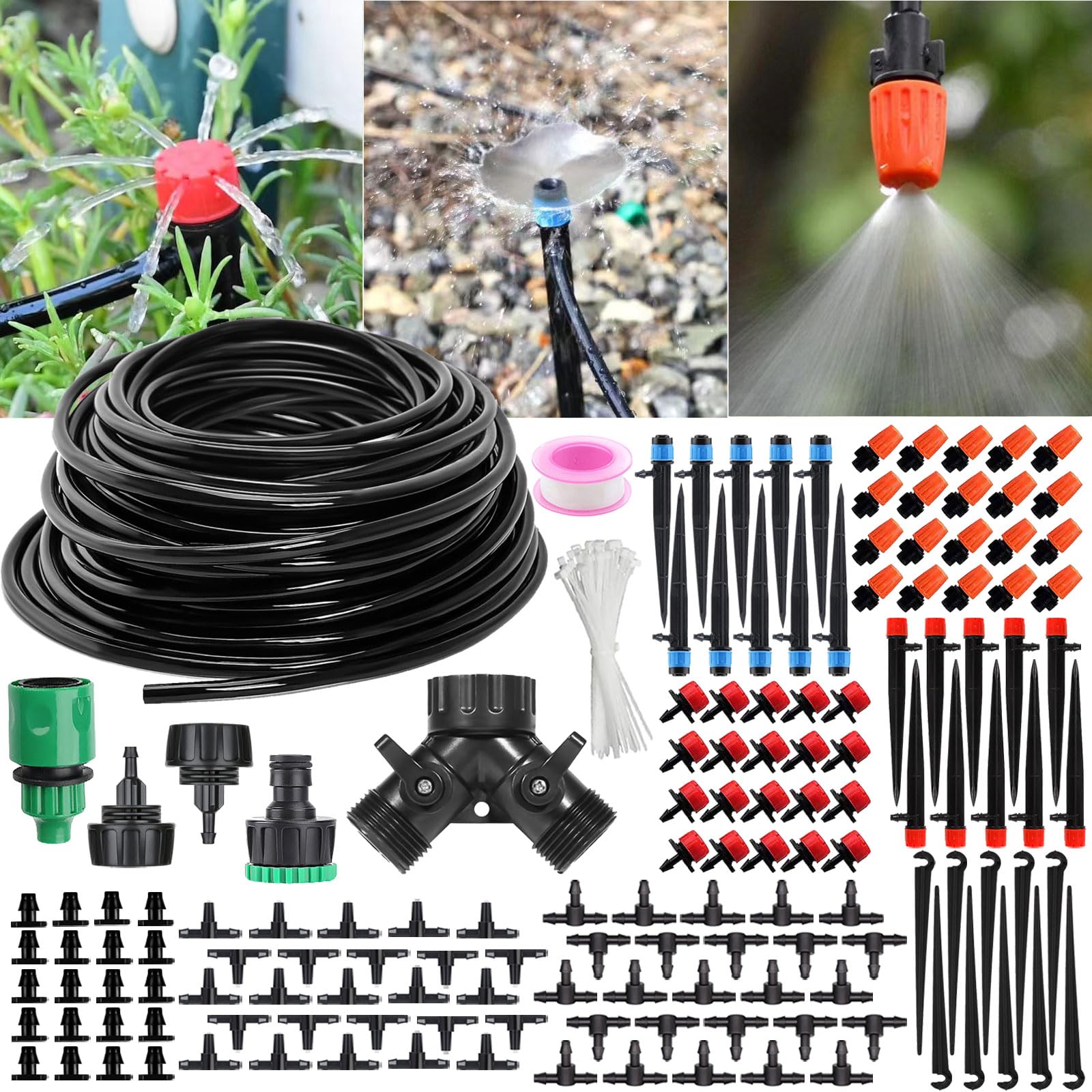 Water Irrigation System Kit, 132FT/40M DIY Automatic Watering System for Plants, Garden Watering Systems with Distribution Hose, Drip Feeders for Outdoor Greenhouse Patio