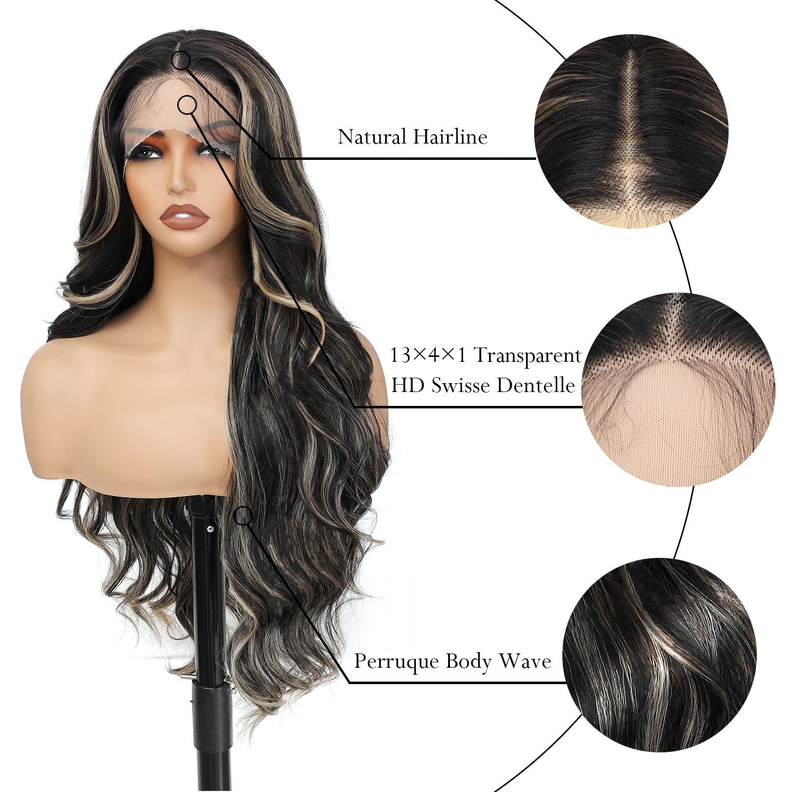 FABÉLLE Perruque Blonde à Reflets Ombre Lace Front Perruque 30pouces Body Wave pour Femmes Pré-épilée avec des Cheveux de Bébé Couleur de l'éclaircissement Perruque Synthétique Perruque Sans Colle