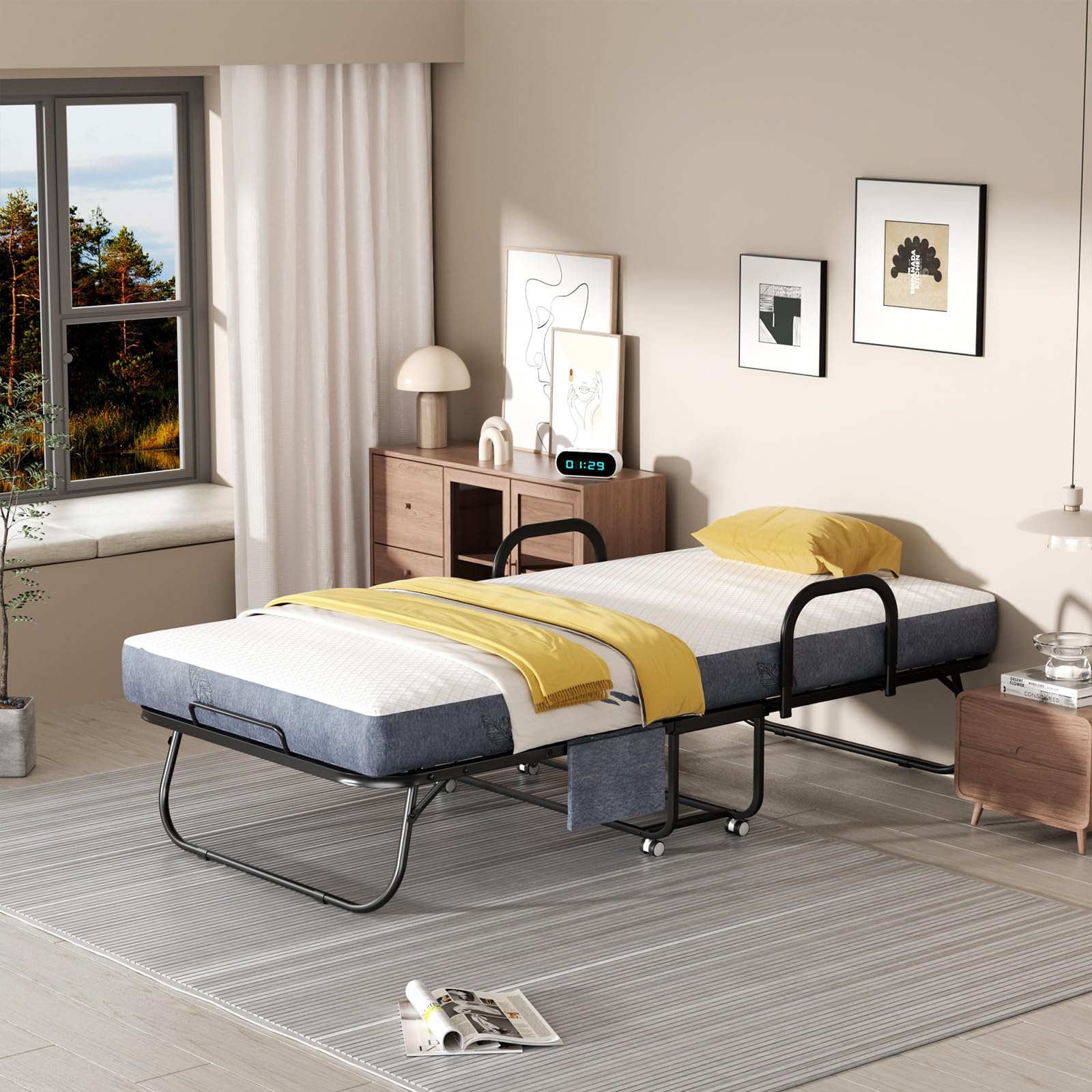 Polar Aurora Folding Bed with Mattress, 75" x 38" Twin Size with 2 Armrests