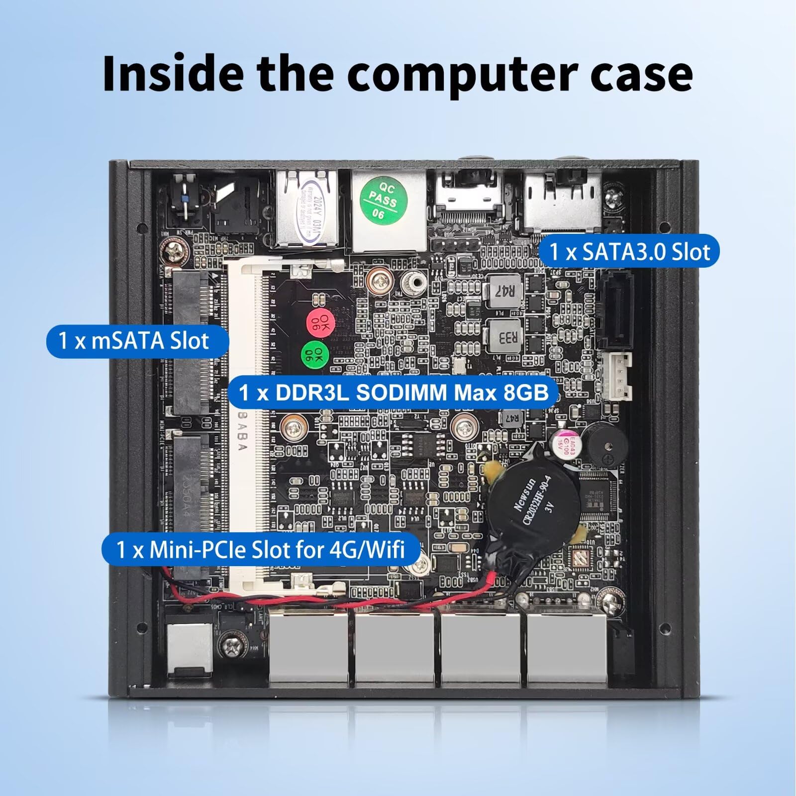 Micro Firewall Appliance, Fanless Mini PC J3710 4C/4T, 4x 2.5 GbE i225-V LAN,AES-NI,DDR3 8GB SSD 128GB Router Netzwerk Security USB3.0/HD/DP/Console RJ45 Port/Wi-Fi, Dual Display - 5