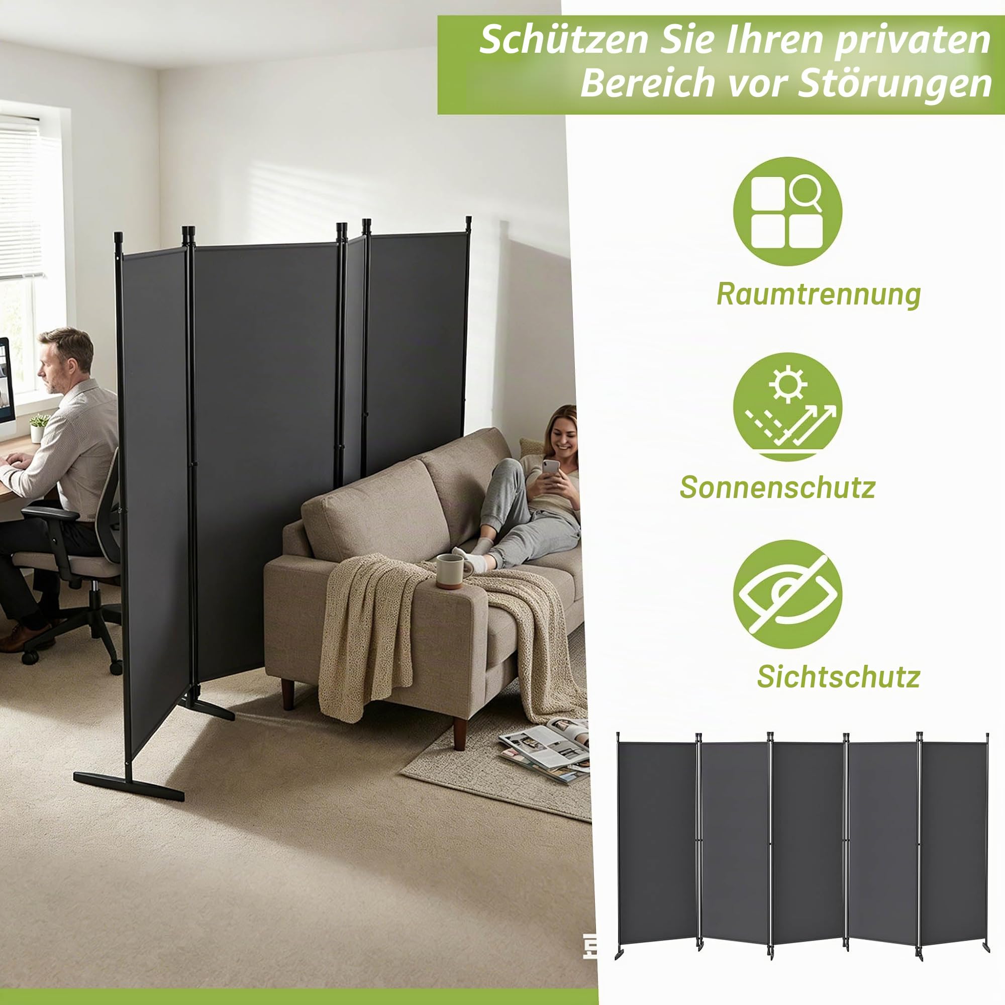 UISEBRT Trennwand Raumteiler innen 5 Teilig 250 x 180 cm,Paravent Outdoor wetterfest stabil mit Heringen & Abspannleinen,Raumtrenner Spanische Wand sichtschutz Balkon Garten,Dunkelgrau
