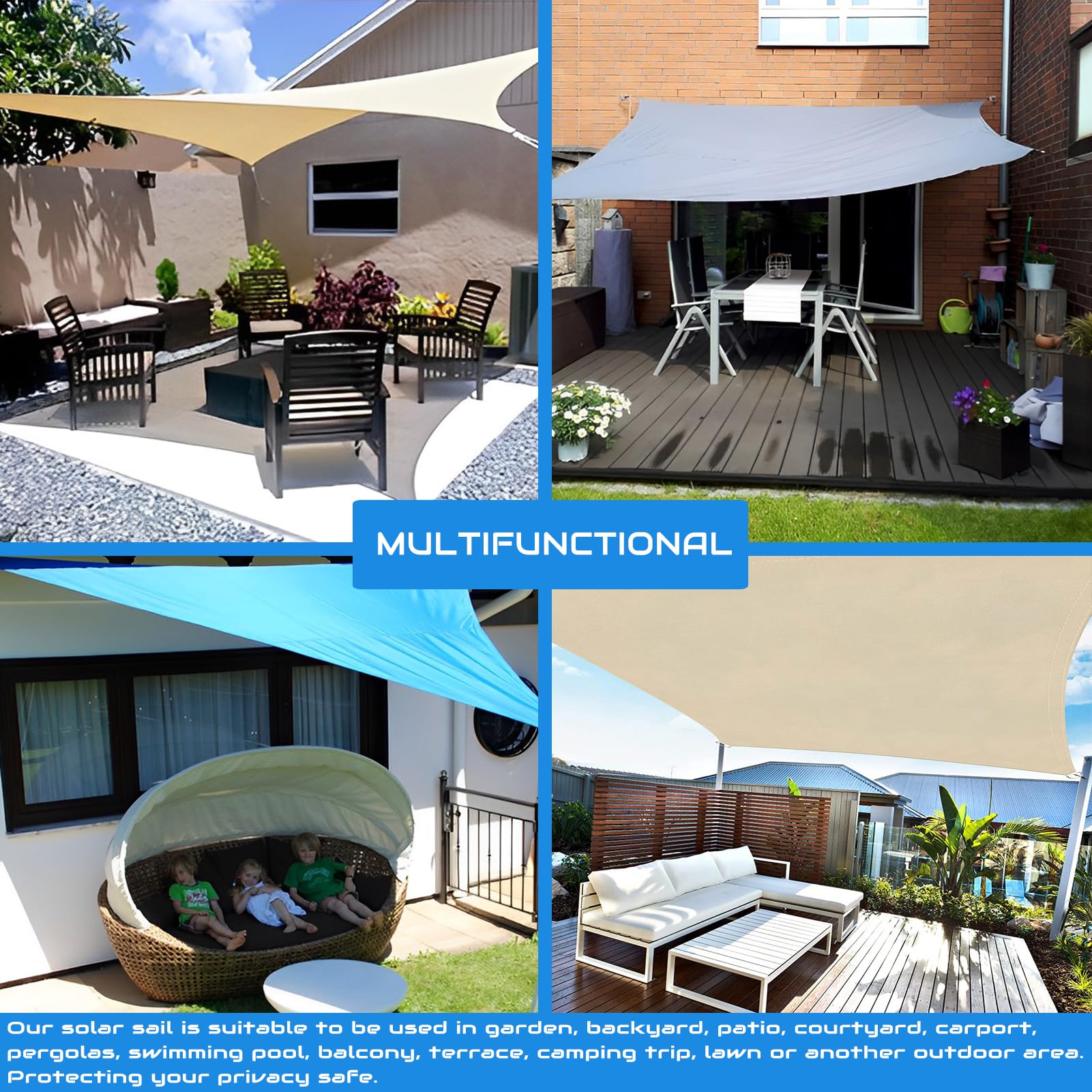 Tenda parasole impermeabile, 3 x 3 m, 95% protezione UV, per esterni, giardino, feste e cortile, include corda per l'estate