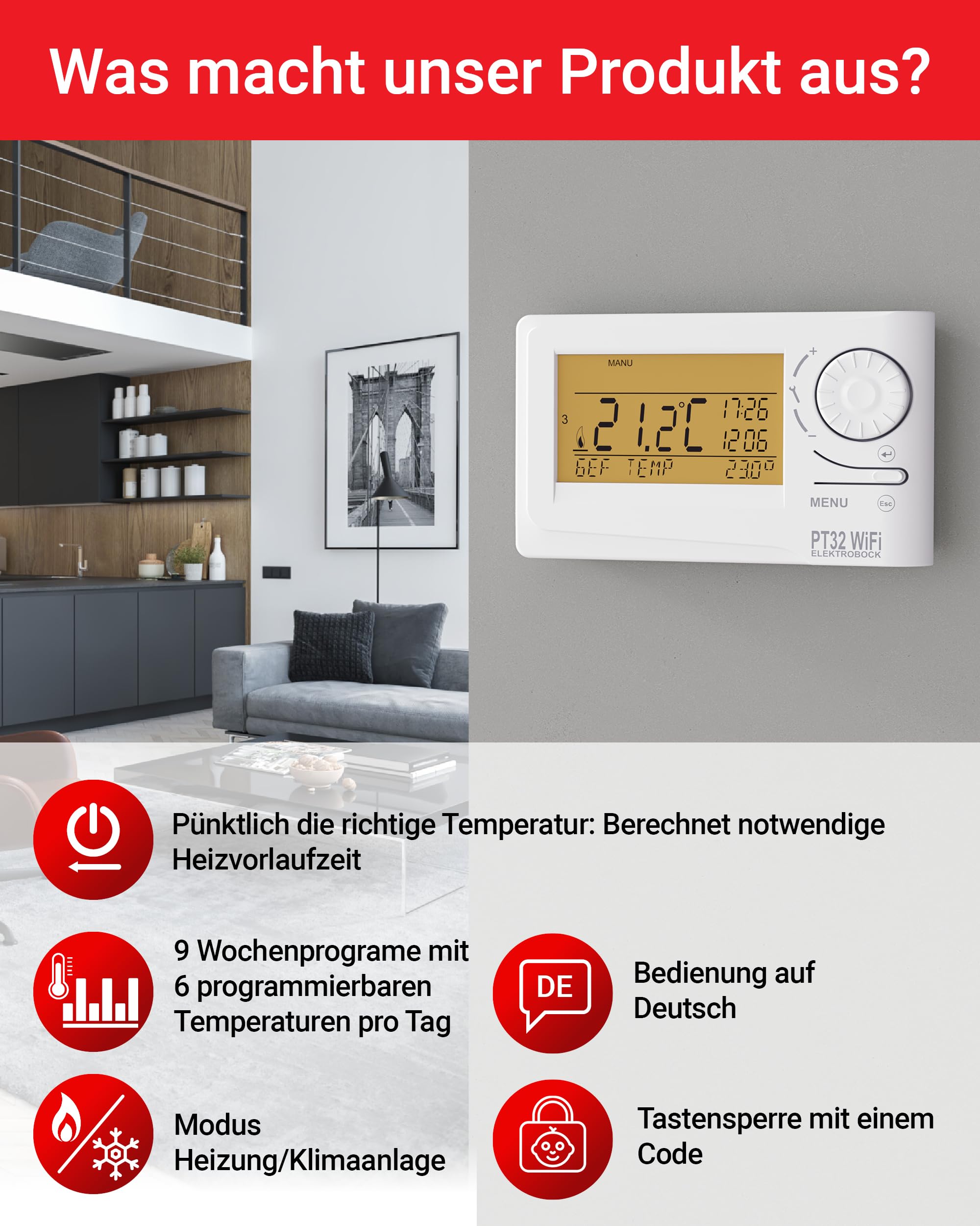 ELEKTROBOCK PT32 WiFi - Digitaler Raumthermostat mit Geolokalisierung - 𝑳𝓐𝑵𝐆𝑳𝜠𝓑𝑰𝐆 - Intelligentes programmierbares Wandthermostat mit App oder manuell - 9 Wochenprogramme, Weiß
