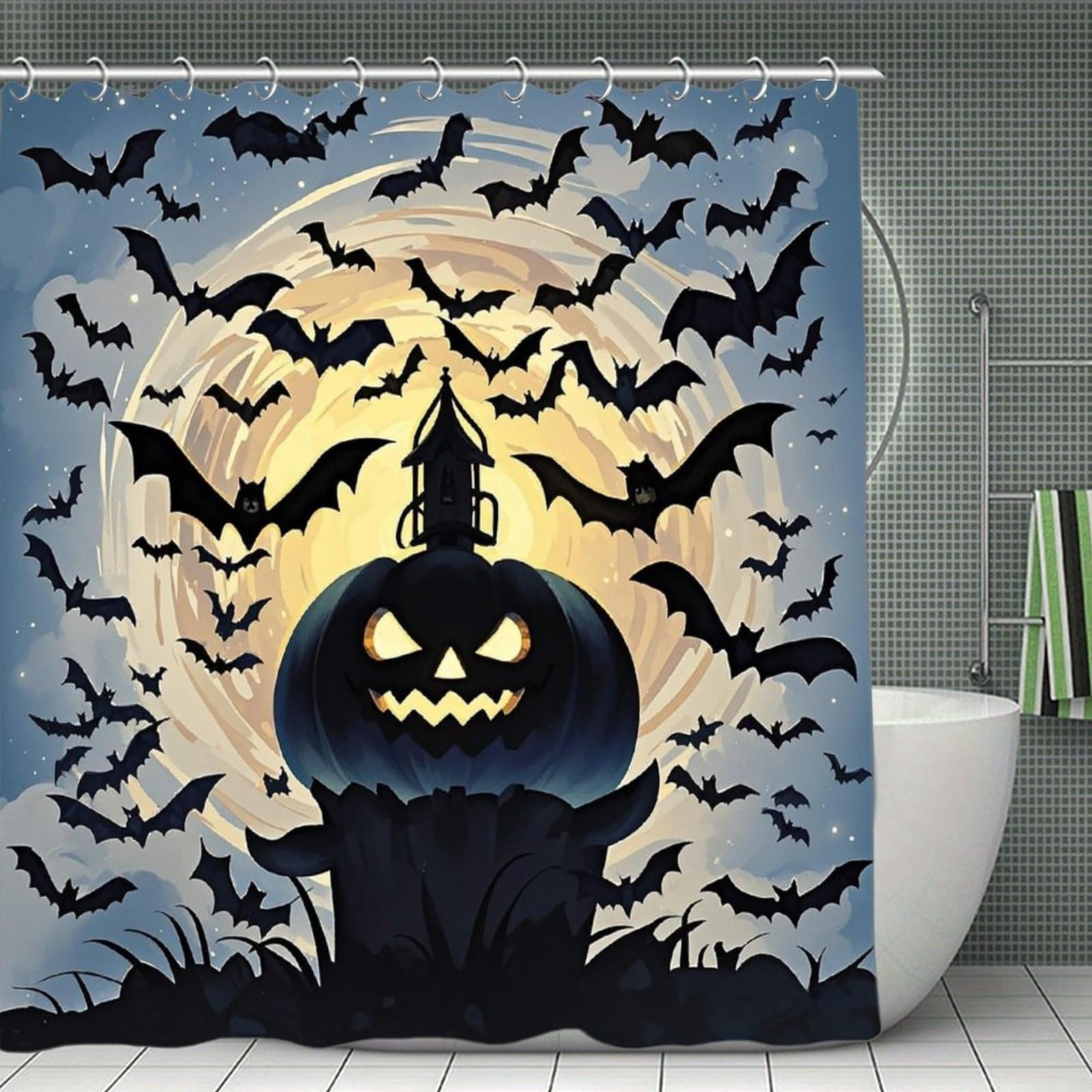 FekiLoot Halloween Flying Bats Shower Curtain Minimalist Thick Bathroom Curtain Washable Modern Bathroom Shower Curtain Heavy Duty Waterproof Cloth Bath Curtain with Hooks 70.8"x70.8"