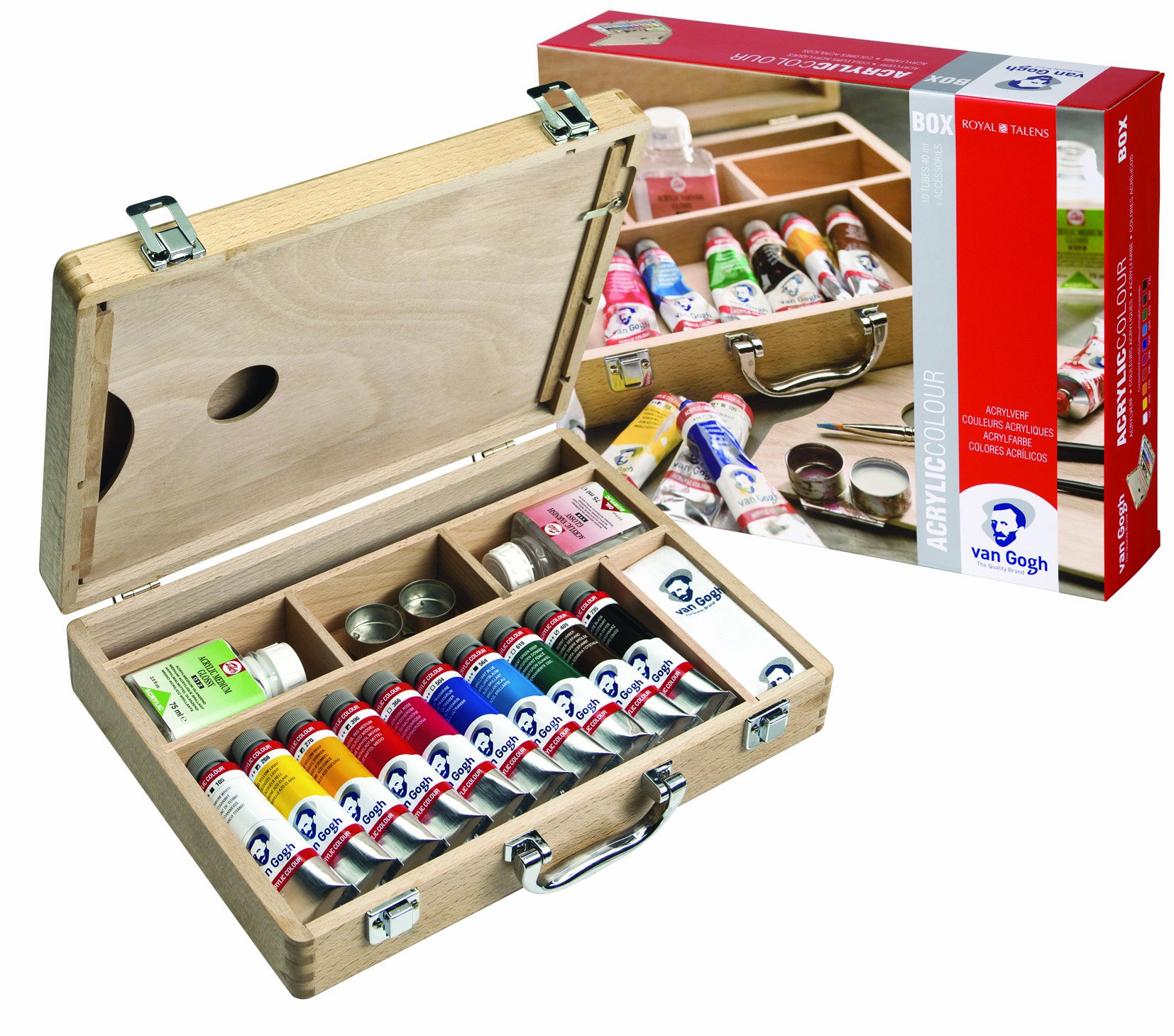 Van Gogh Acrylfarben Basis Malkasten - incl. Acrylfarben, Pinsel, Malmittel, Mischpalette, etc. im Holzkoffer