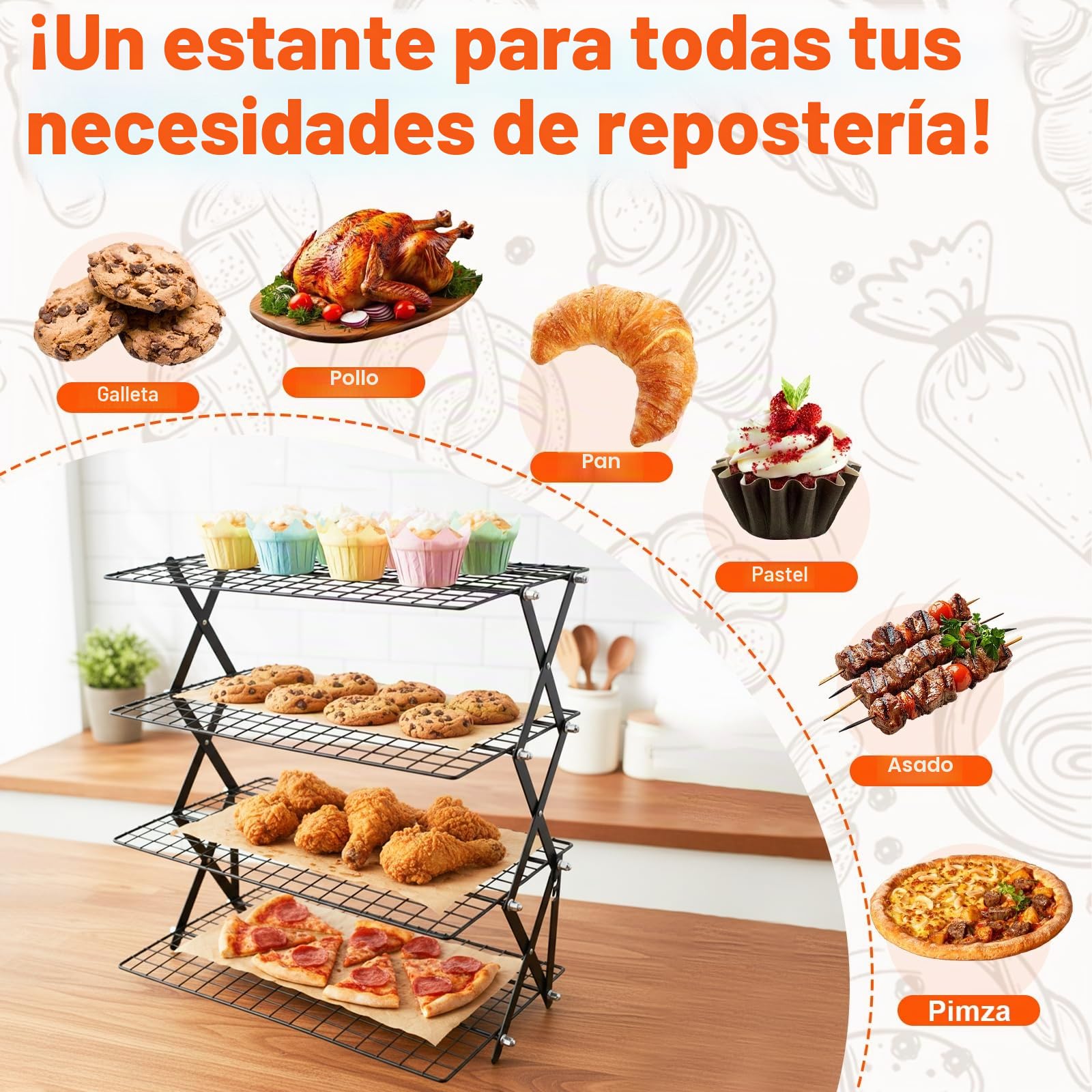 Rejilla de Enfriamiento Plegable de 4 Niveles, Rejilla Enfriar Reposteria para Bizcochos Resposteria Pizzas Galletas Pan, Bandeja con Rejillas, 3 Niveles de Ajuste de Altura, 43 x 24,5cm,Negro
