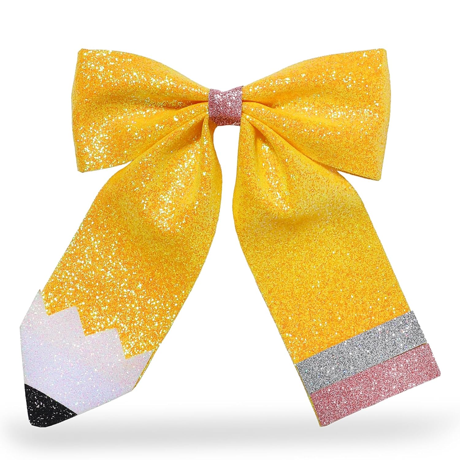 Back to School Pencil Hair Bows Clips, Painted Yellow Pencil School Girl Pigtail Glitter Leather Bow Clips Gifts for Toddler Kids Kindergarten 1st 2nd 3rd 4th 5th Grade (Large Pencils Bows 1Pcs)