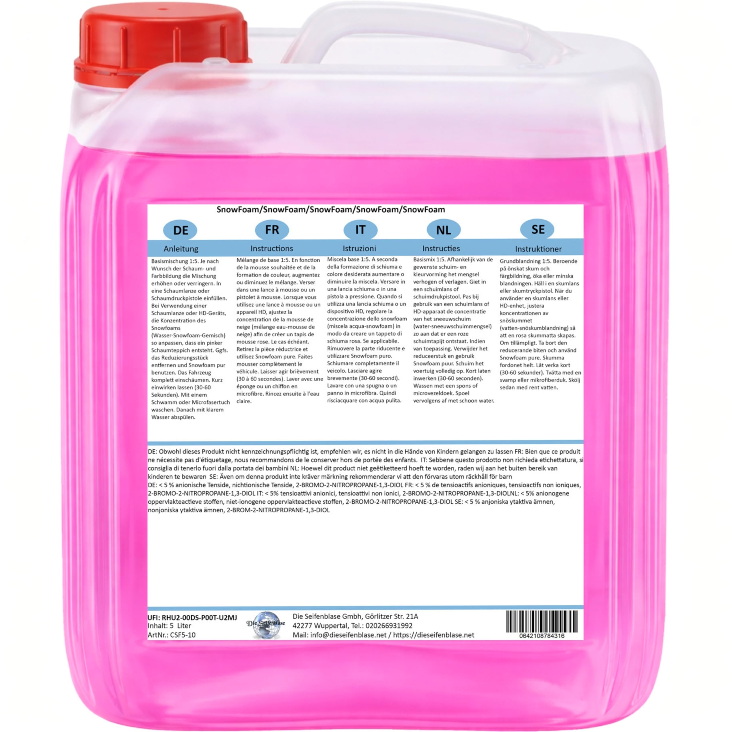 Cleanerist | Snow Foam Pink 5L concentré - shampoing auto prélavage actif pour canon à mousse - nettoyage dense voiture, moto, caravane et camping-car - parfum agrumes