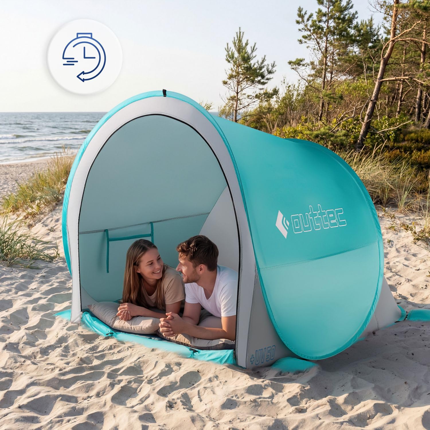 Tente de Plage Bébé Pop-Up Anti-UV 50+ Outtec, avec Poches à Sable et Sac de Transport, Idéale pour Famille, Camping, Jardin, Turquoise