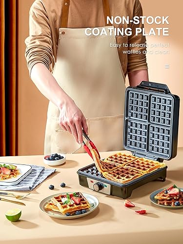 Miniatura 2 de Waffle Maker belga 4 rebanadas, plancha para gofres de 1200 W, plancha para gofres antidesbordamiento con perilla de marrón, placas antiadherentes,