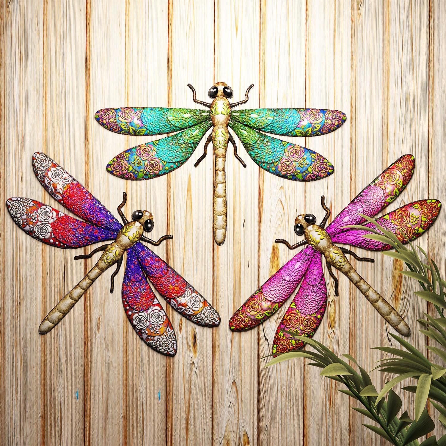 3pcs Metal Dragonfly Garden Art Decorations, Outdoor Hanging Wall Decor Sculptures for Home Garden Yard Patio Window