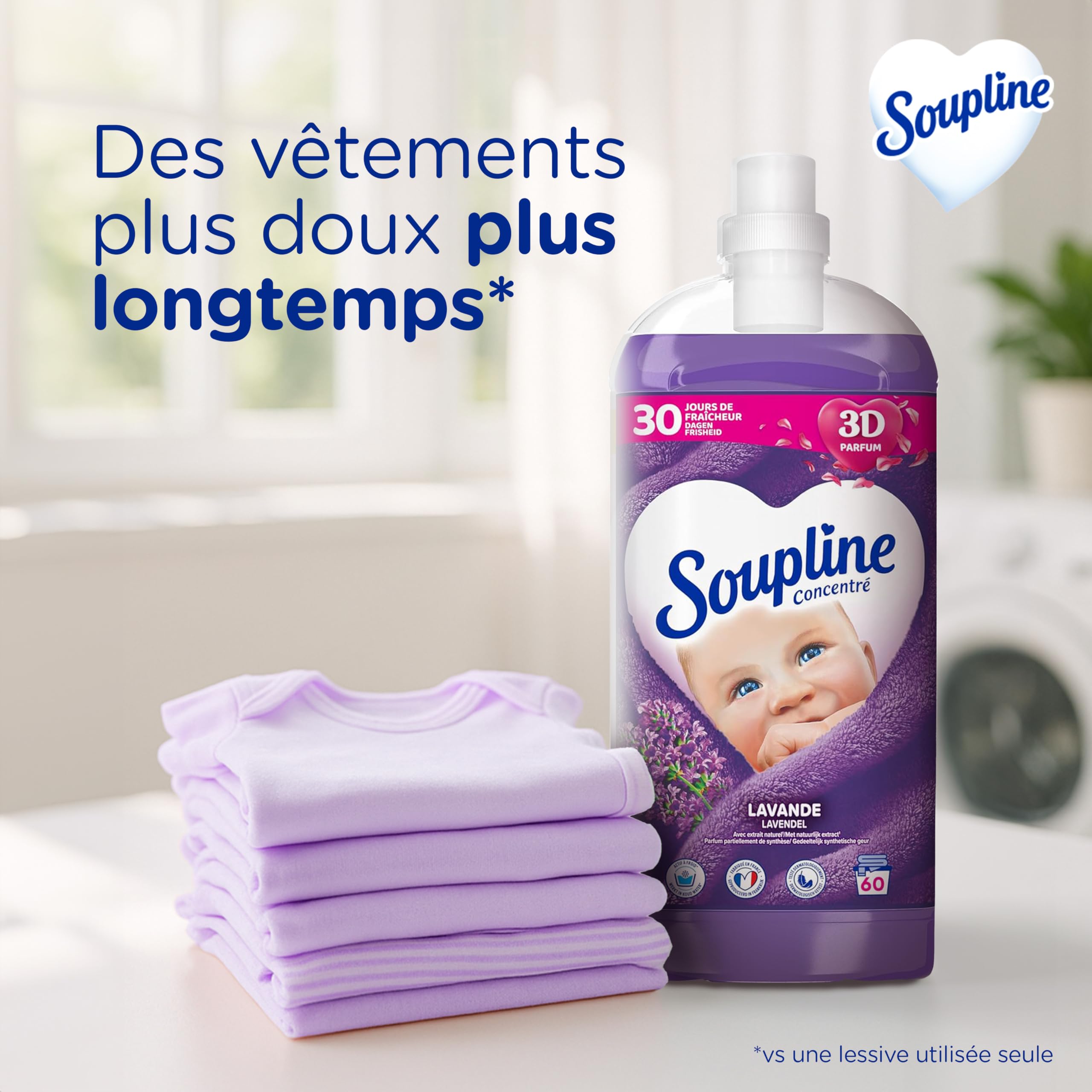 Suavizante de lino concentrado 3D con aroma a lavanda con extracto natural*, suavizante de ropa fórmula mejorada para más suavidad**, suavizante textil líquido, paquete de 3 x 1,35 L