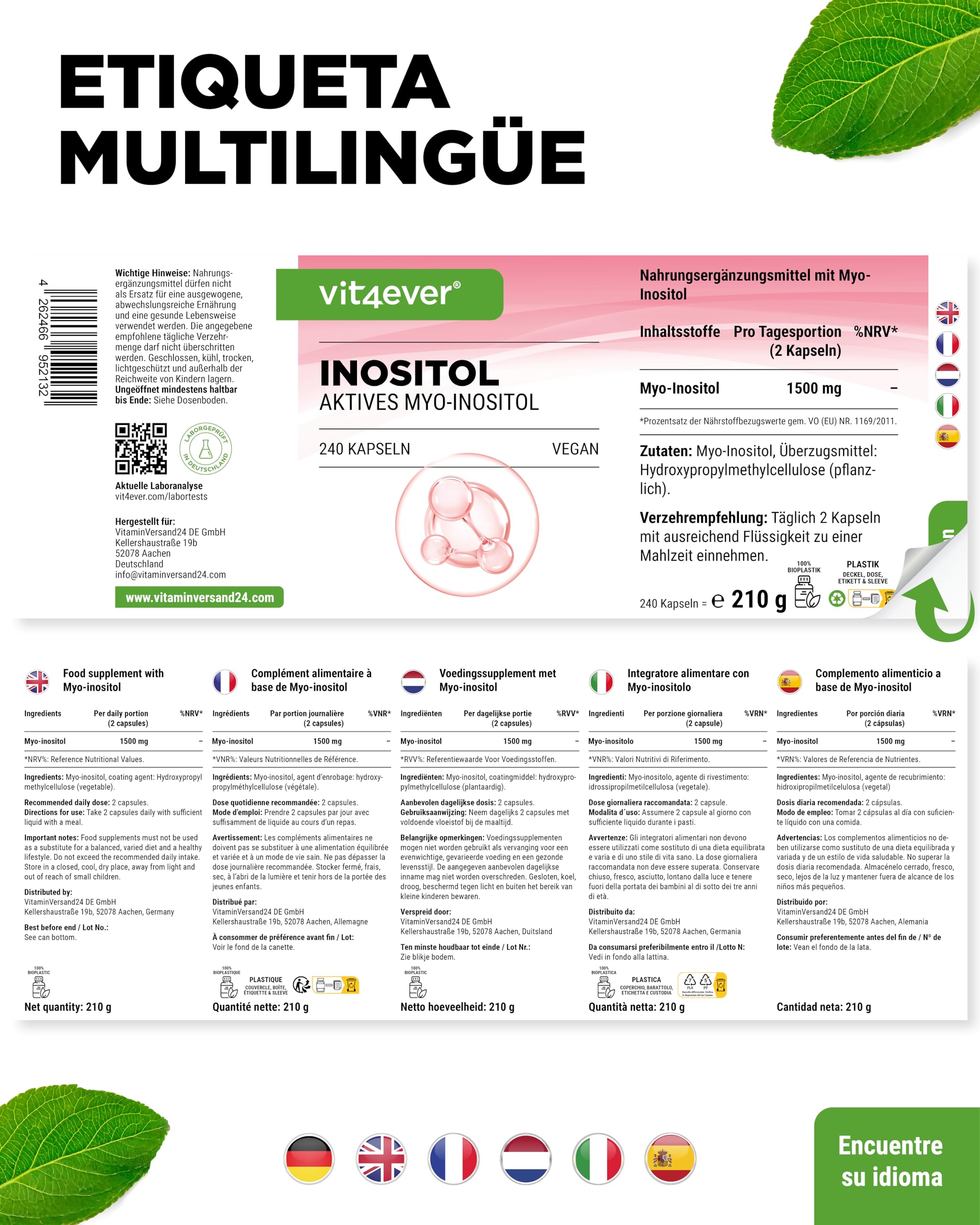 vit4ever Myo-Inositol - 1500 mg por Día - 240 Cápsulas Veganas de Alta Dosificación - Inositol puro, Componente importante del Metabolismo Celular - Sin Aditivos innecesarios