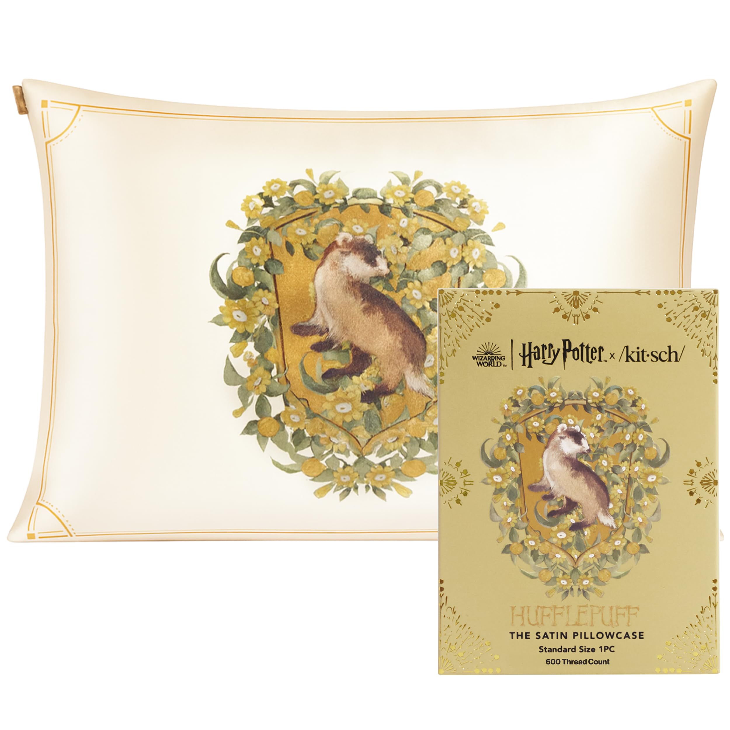Kitsch x Harry Potter Hufflepuff Satin Pillowcase with Zipper for Hair & Skin – Double-Sided, Softer Than Silk, Wrinkle-Free, Machine Washable, Frizz Control, Breakout Prevention - Queen/Standard