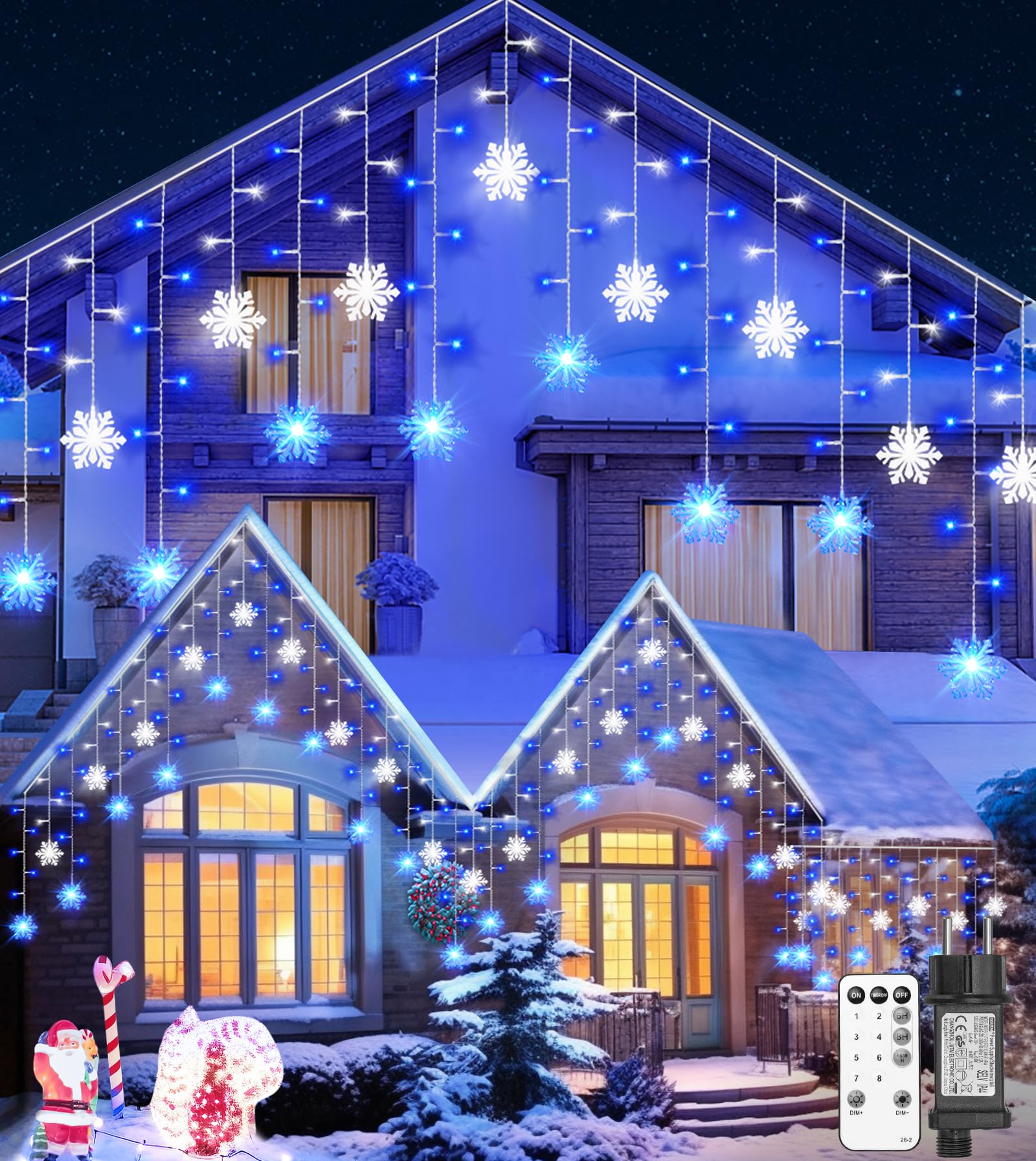 Icicle Outdoor Christmas Lights with Snowflake, 10.7M/35Ft 240LED Connectable Icicle Lights Waterproof,8 Modes&3 Timer&4 Brightness Levels with Remote for Eaves, Window,Festival Decor (Blue White)