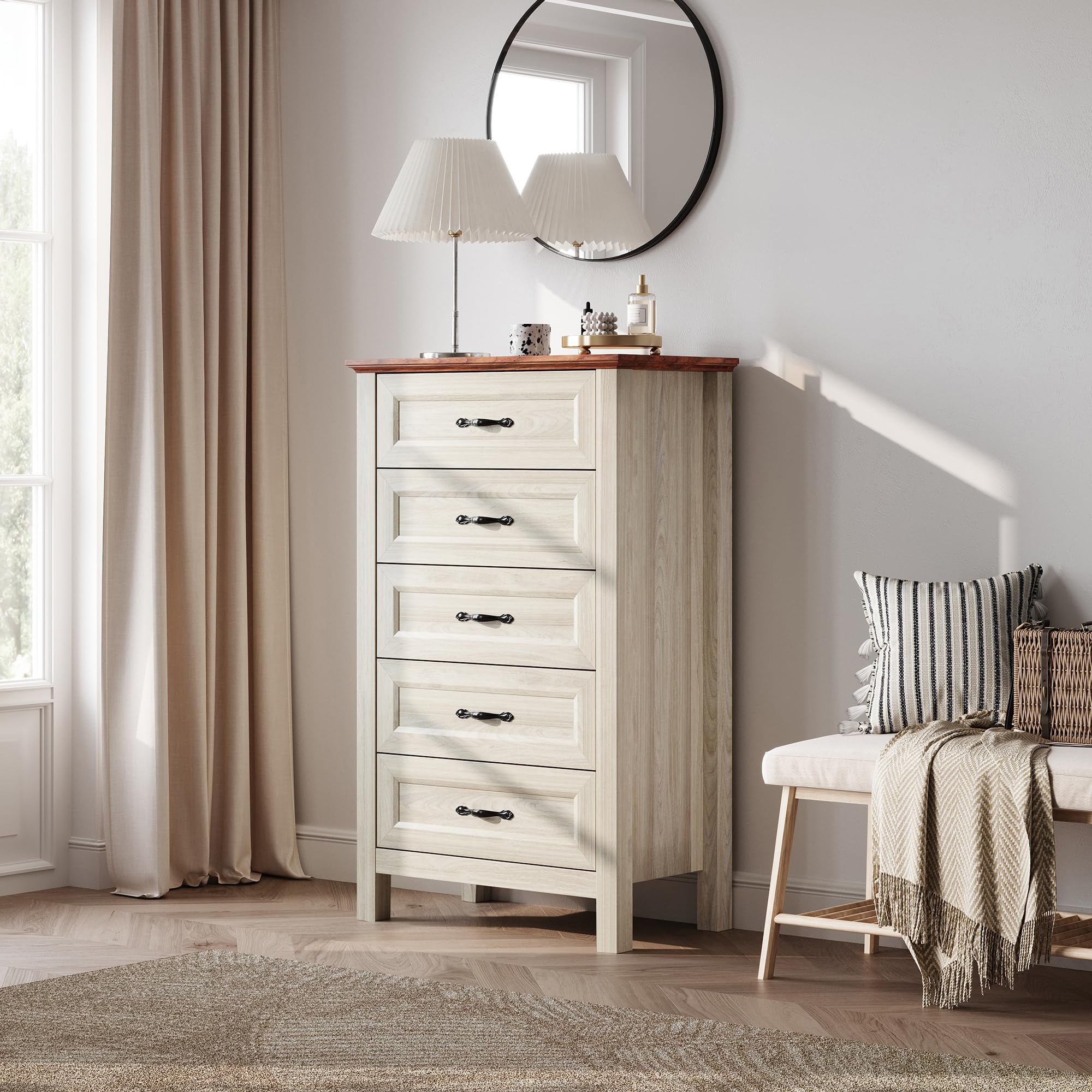 LINSY HOME 5 Drawers Dresser for Bedroom, Wood Tall Bedroom Chest of Drawers with Metal Handle, Farmhouse Dressers Organizer for Living Room, Closet, Hallway, White Oak