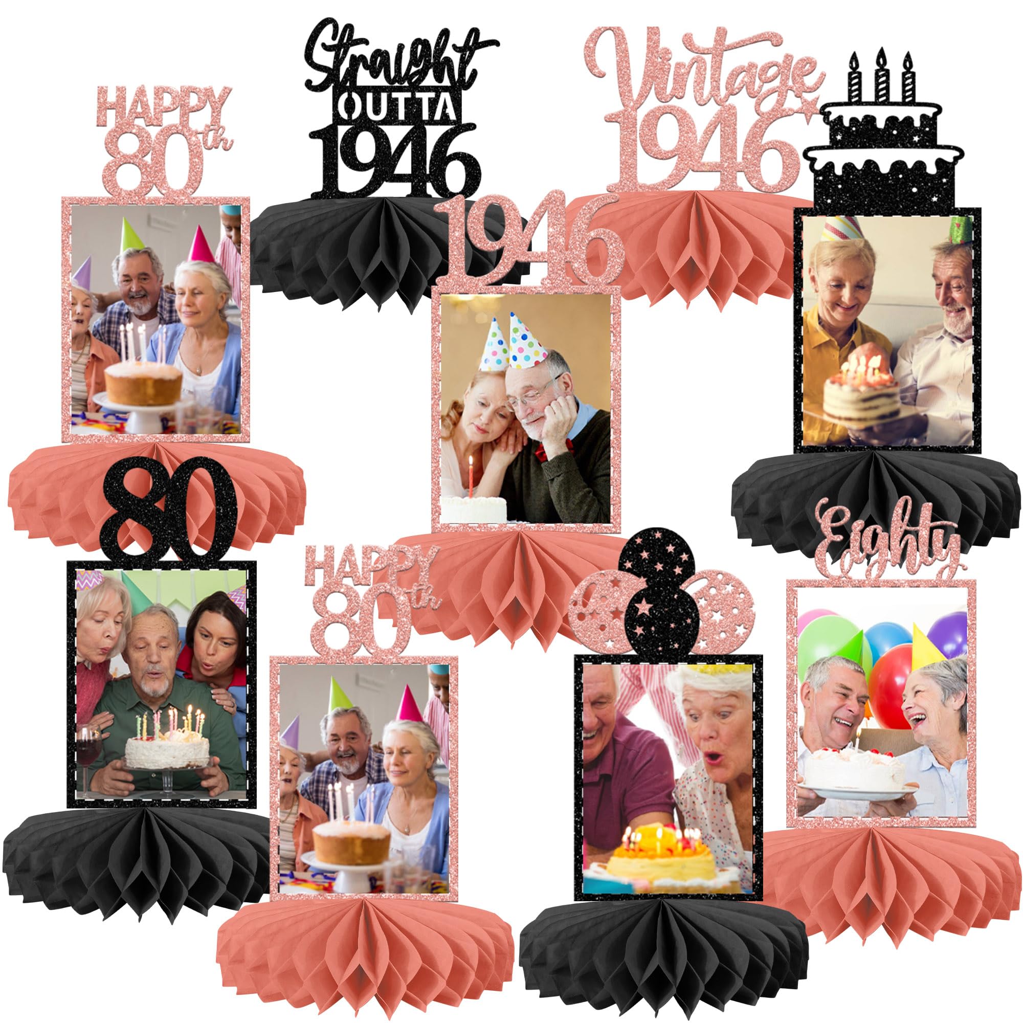 SYKYCTCY 8 Pack Happy 80th Birthday Honeycomb Table Centerpiece Hello Eighty Cheers to 80 Table Toppers Centerpieces Decro for 80th Birthday Theme Wedding Party Table Decorations Supplies