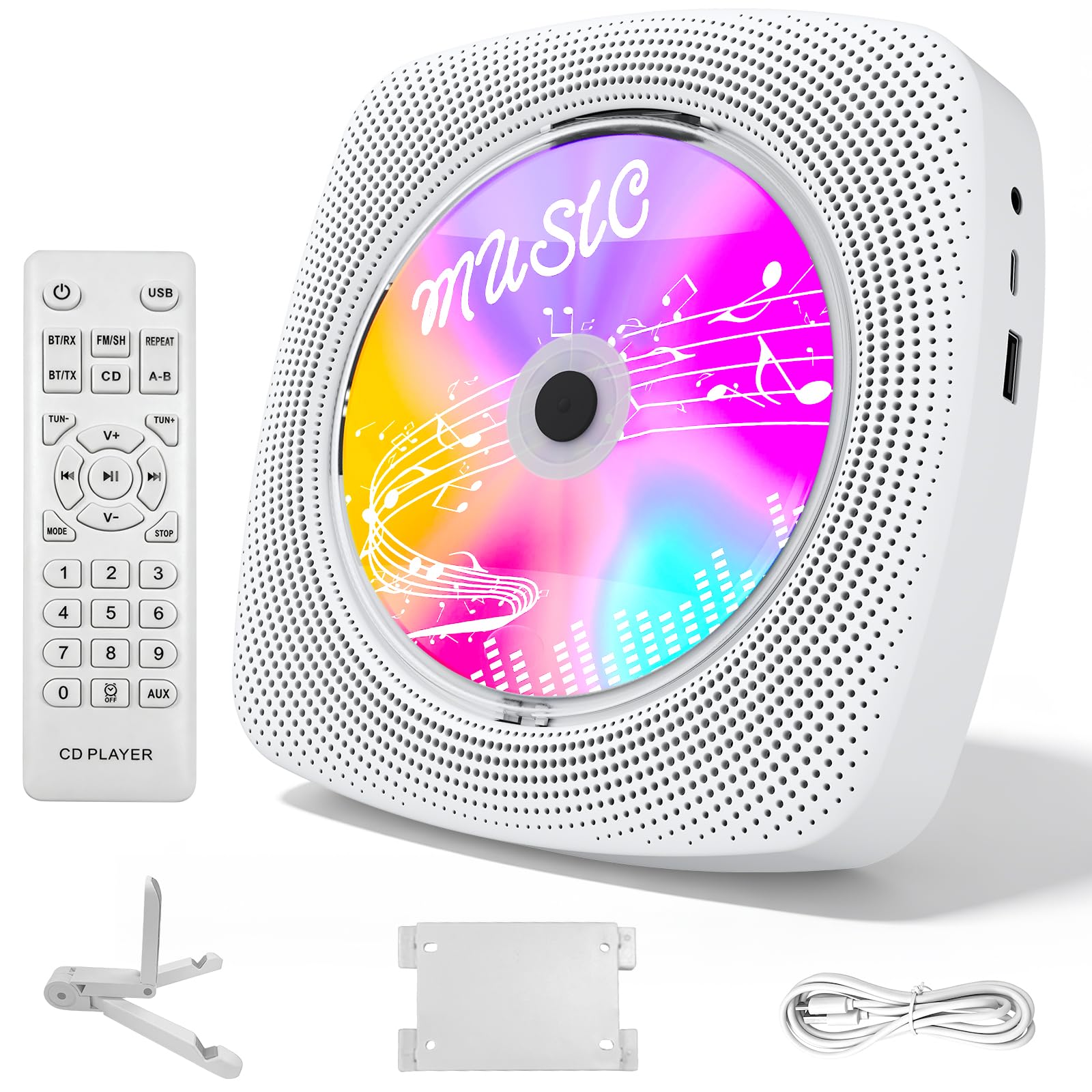WOLFANG Lettore CD portatile WDV04 per casa e outdoor, Bluetooth con altoparlanti, batteria ricaricabile 4000 mAh, radio FM, USB, telecomando, montaggio a parete e supporto da tavolo