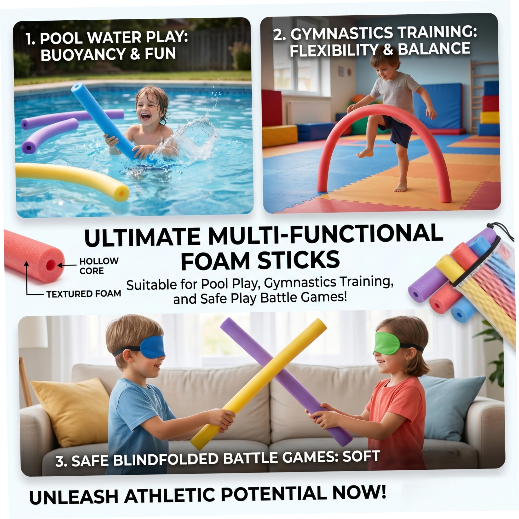 Lot de 4 nouilles de piscine jumbo en mousse - Flotteurs creux flottants de 150 cm pour jeux d'eau pour enfants (rouge, jaune, violet, bleu)