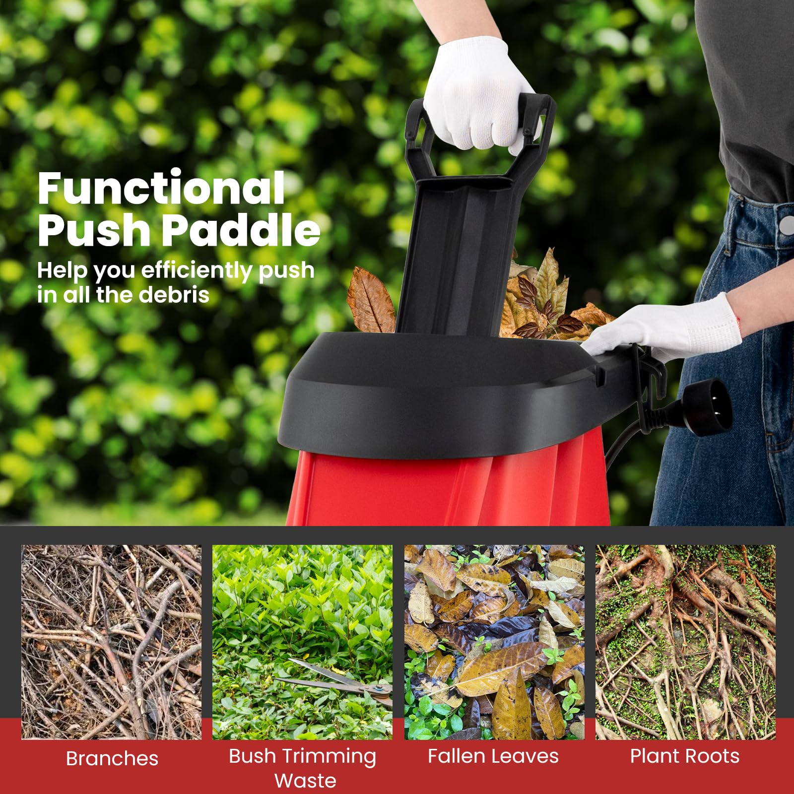 Trituradora eléctrica de madera de 15 amperios, trituradora de madera con cable con émbolo, bolsa de colección y reducción 15:1, trituradora de jardín con ruedas para ramas, hojas