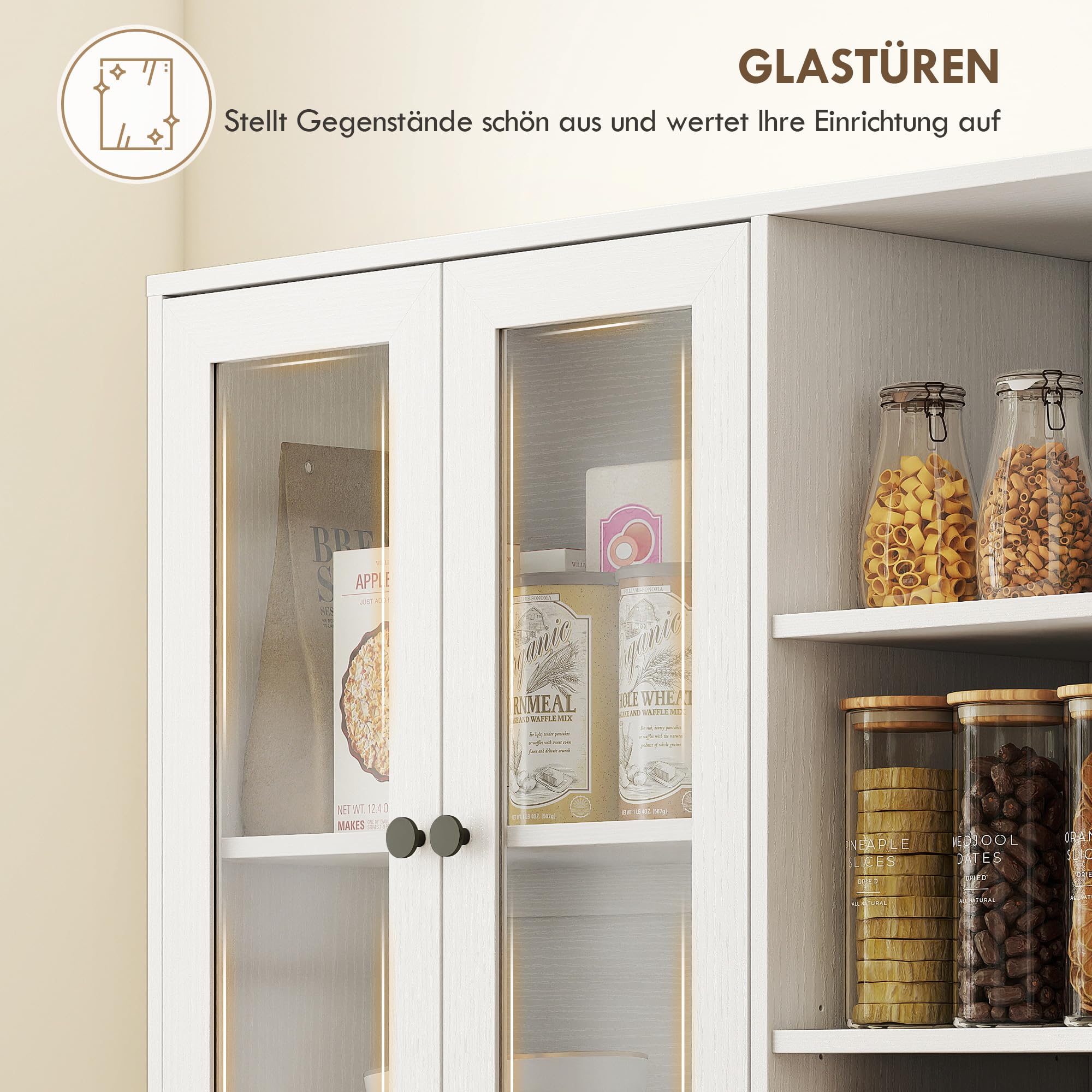 HOMCOM Küchenschrank mit 4 Soft-Close-Glastüren 90 x 35 x 172 cm Weiß | Buffetschrank, 6 Offenen Fächern, Moderner Hochschrank mit Verstellbaren Einlegeböden, Vorratsschrank