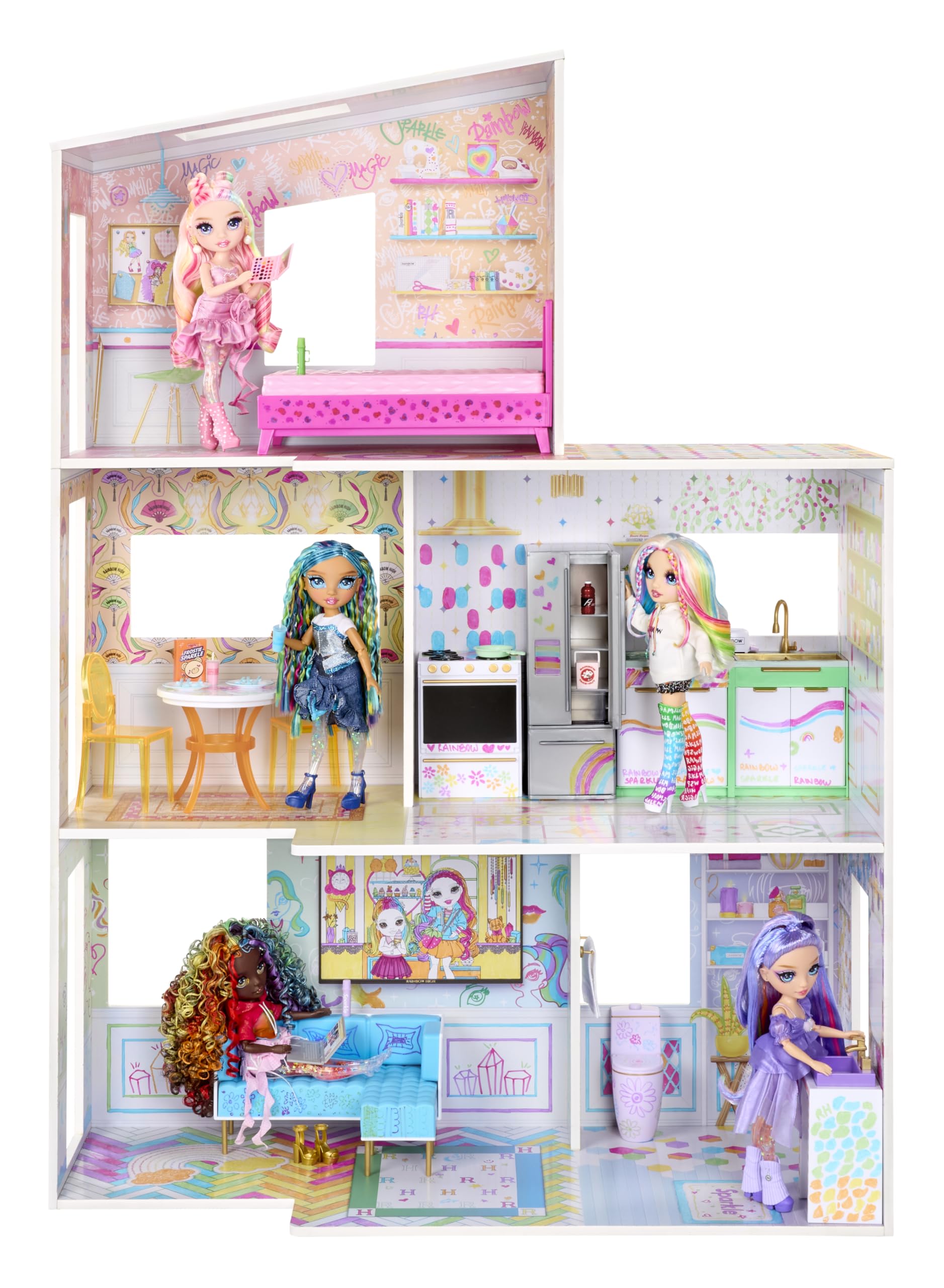 rainbow high color & play 3-story doll house, design all walls & floors with washable markers, wood playset includes toy furniture and accessories, gift for kids 4+