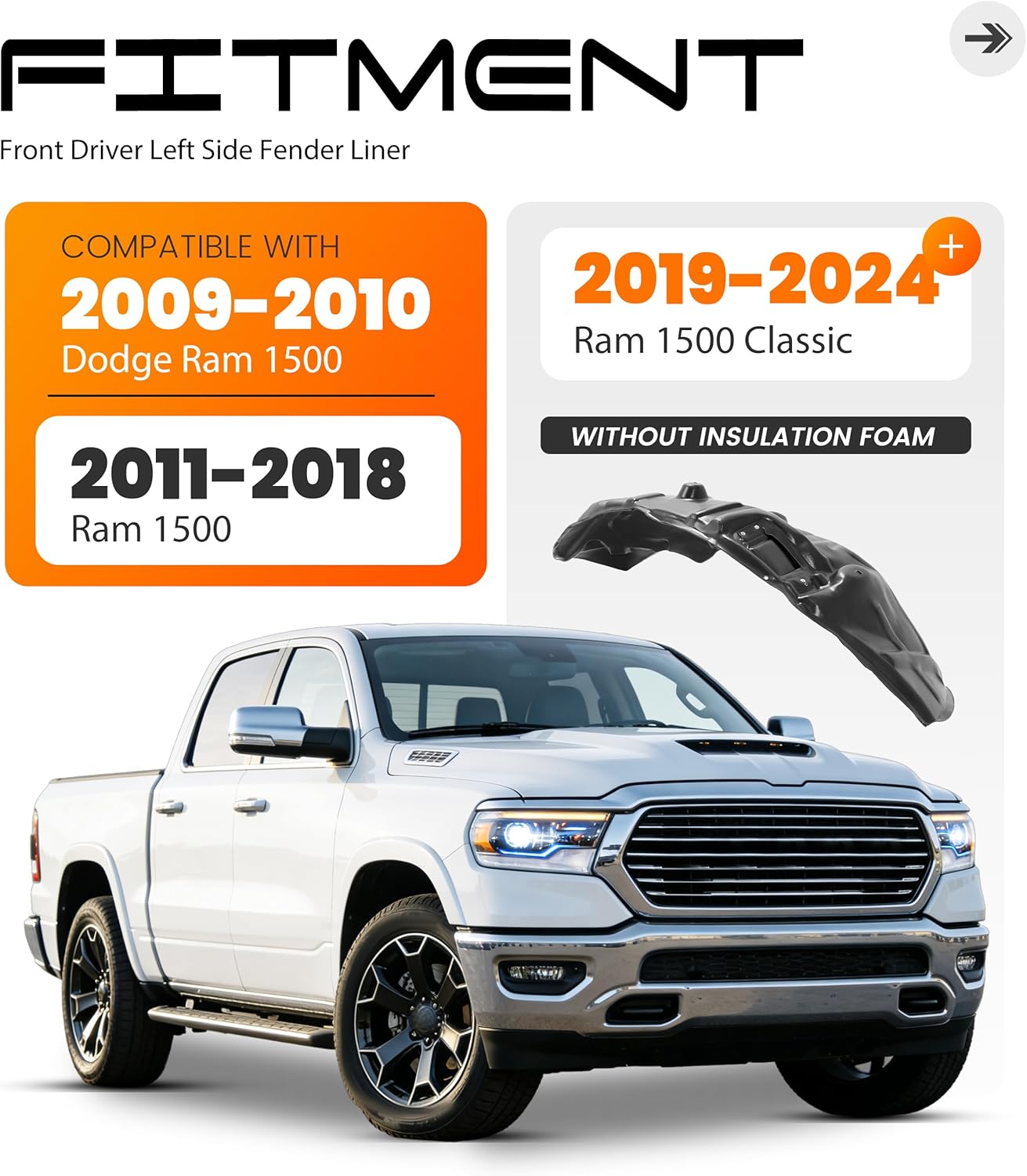 Front Left Fender Liner Inner Panel Compatible with 2009-2018 Dodge Ram 1500 2019-2024 Ram 1500 Classic Replacement for 68110687AE CH1248152 Driver Side Wheel Liner Splash Shield