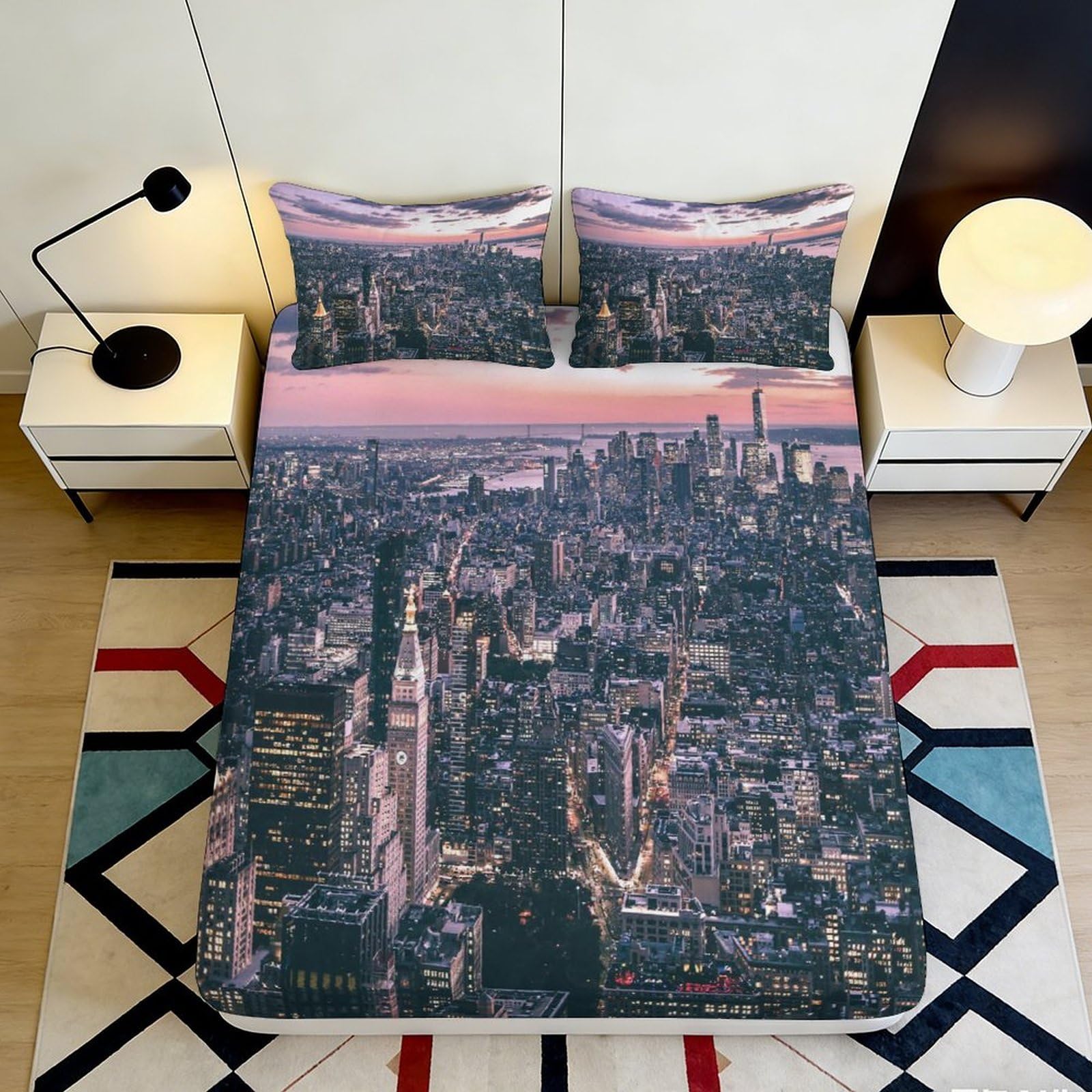 3D Printed Cityscape Sunset Fitted Sheet Microfiber Anti-Slip Urban Skyline Bed Cover for Bedroom Dorm Easy Care 90x200x25cm