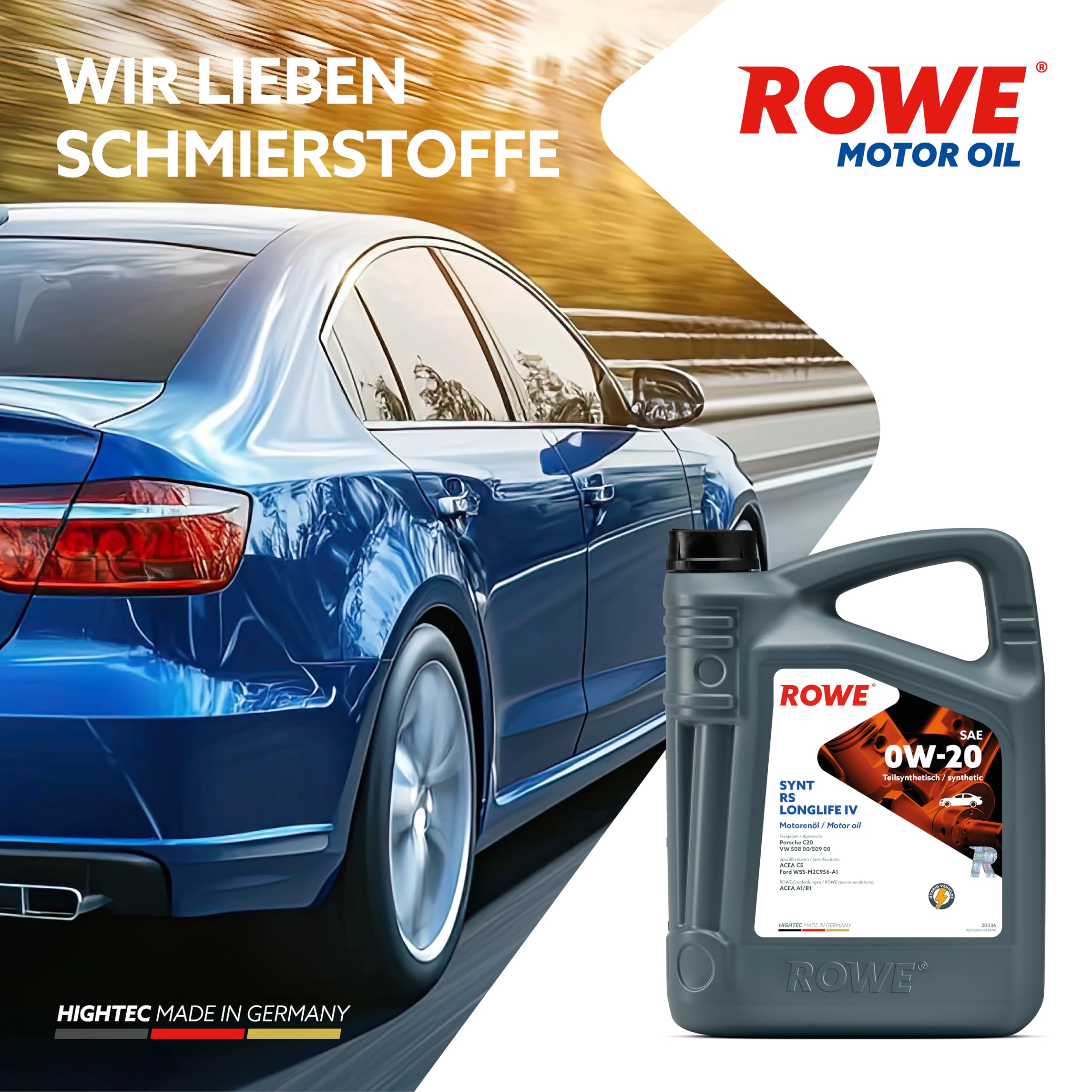 ROWE HIGHTEC SYNT RS LONGLIFE IV SAE 0W-20, 5 Liter, Hochleistungs-Motorenöl | Hochleistungs-Motoröl für PKW Otto- und Dieselmotoren, Art. Nr. 20036