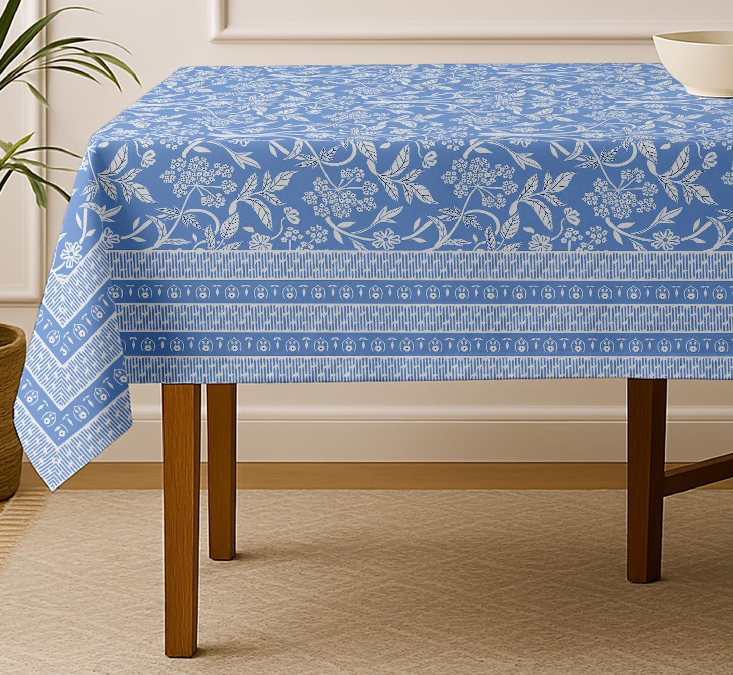 Leaves Design Tablecloth- Blue 60x60 Inch Cotton Twill Dining Table Cover, Perfect for 4 Seater Tables, Durable, Protective & Washable, Ideal for Everyday Use, Festive Occasions & Gatherings