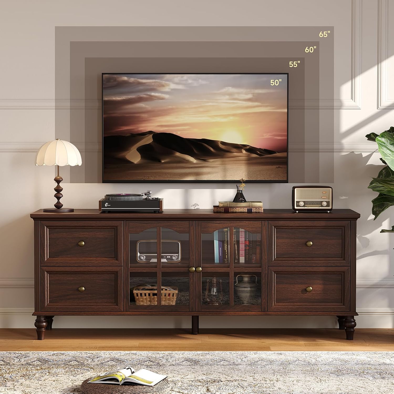 A living room scene showing the ONBRILL TV stand with a television placed on top, illustrating suitable TV sizes like 50, 55, 60, and 65 inches.